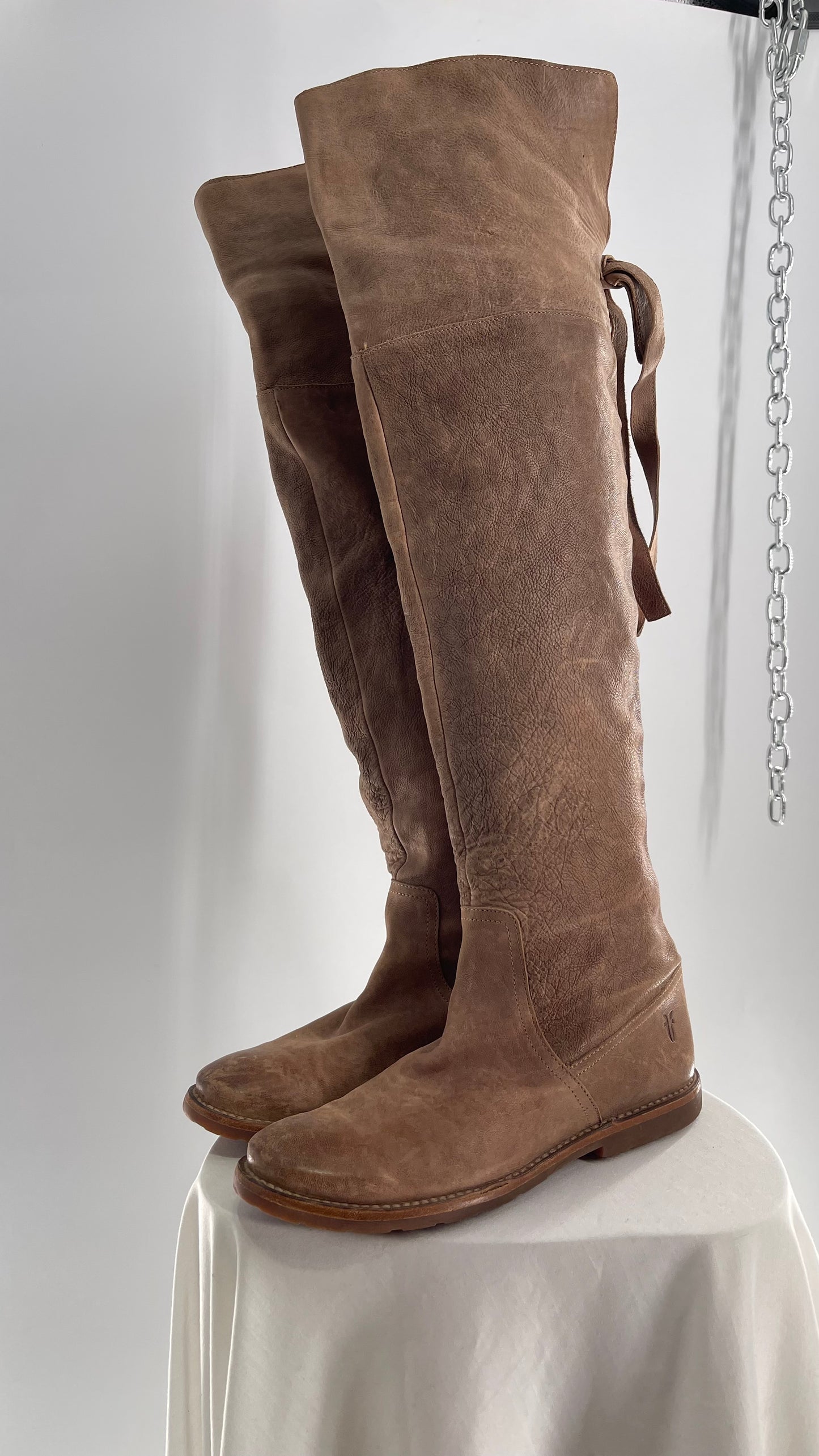 Frye Taupe Leather Over the Knee Fold Over Celia Boots (8)