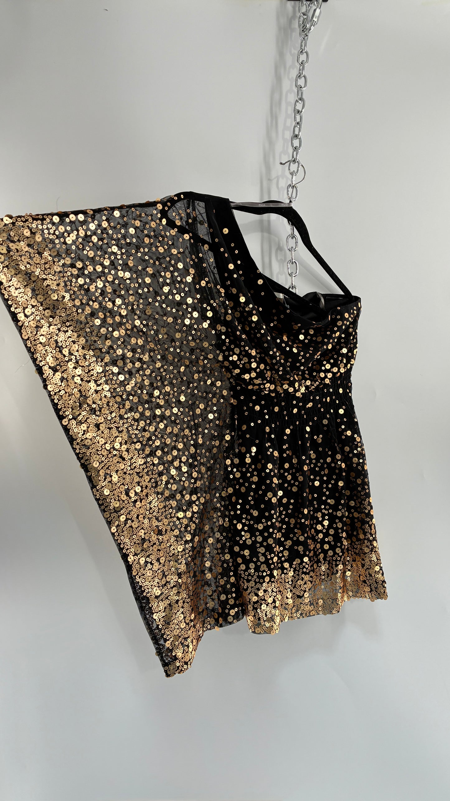Vintage MUSE BOSTON PROPER Black One Shoulder Tube Dress with Ombre Gold Sequins (Medium)