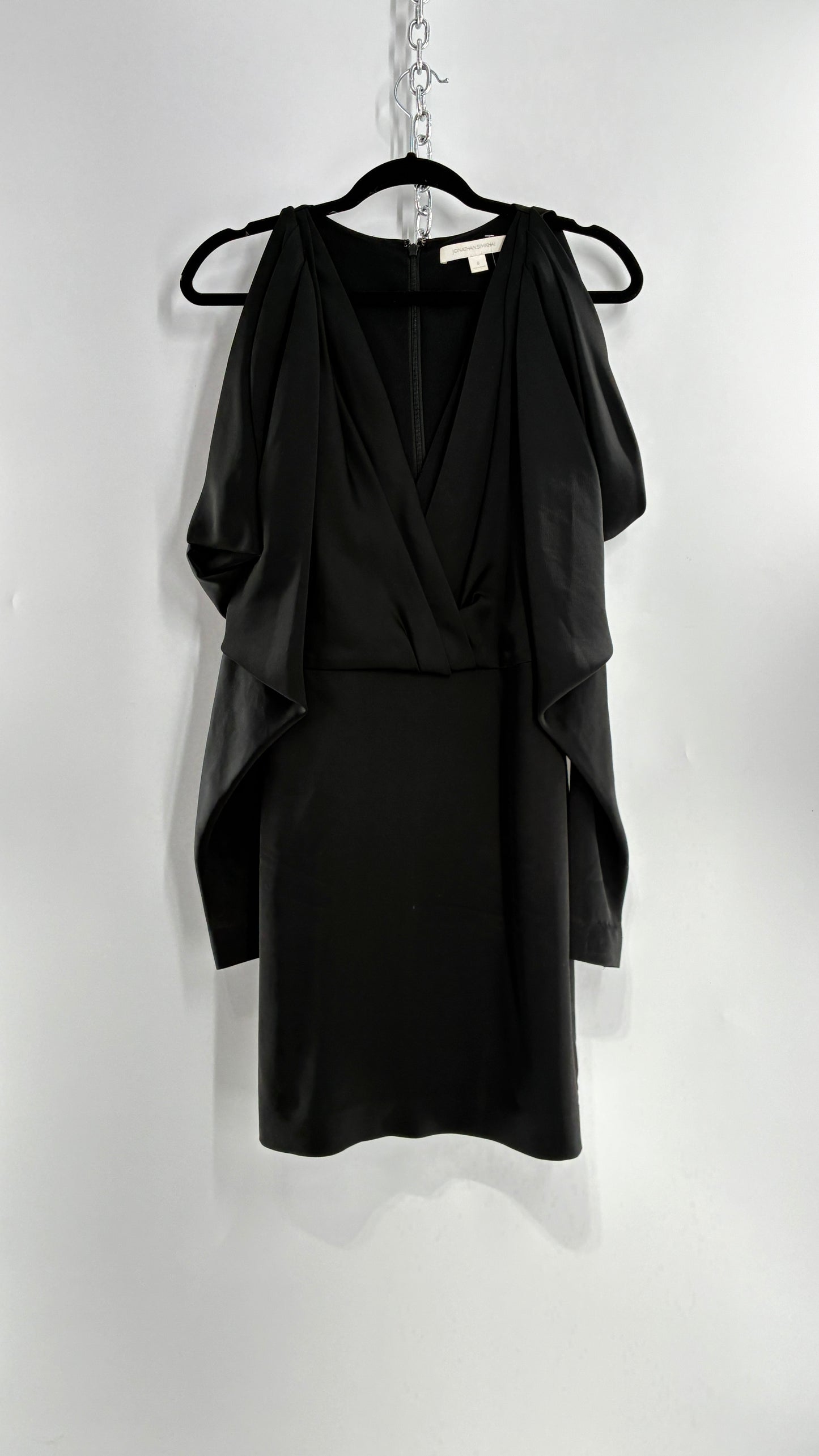 JONATHAN SIMKHAI Black Silky Mini Dress with Exaggerated, Draped Cold Shoulders (8)