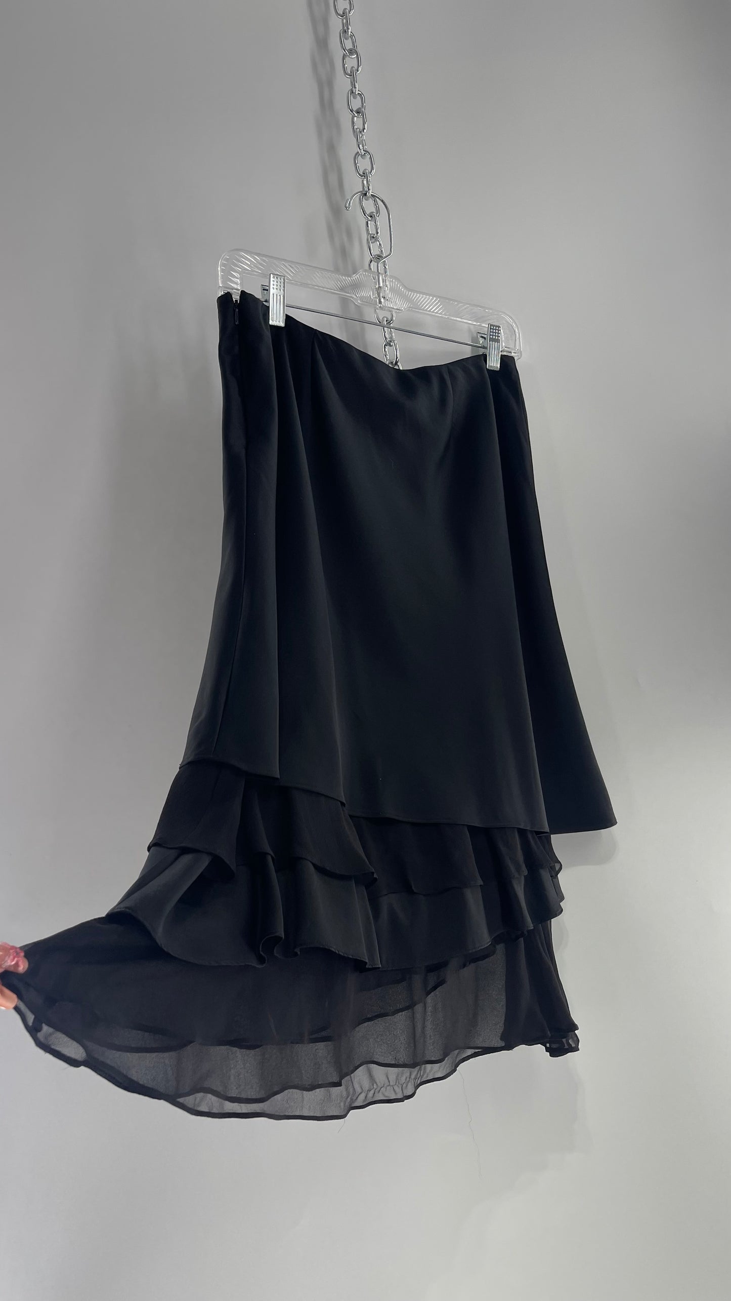 Vintage RIMINI Black Silky Skirt with Ruffled Layered Hem (8)