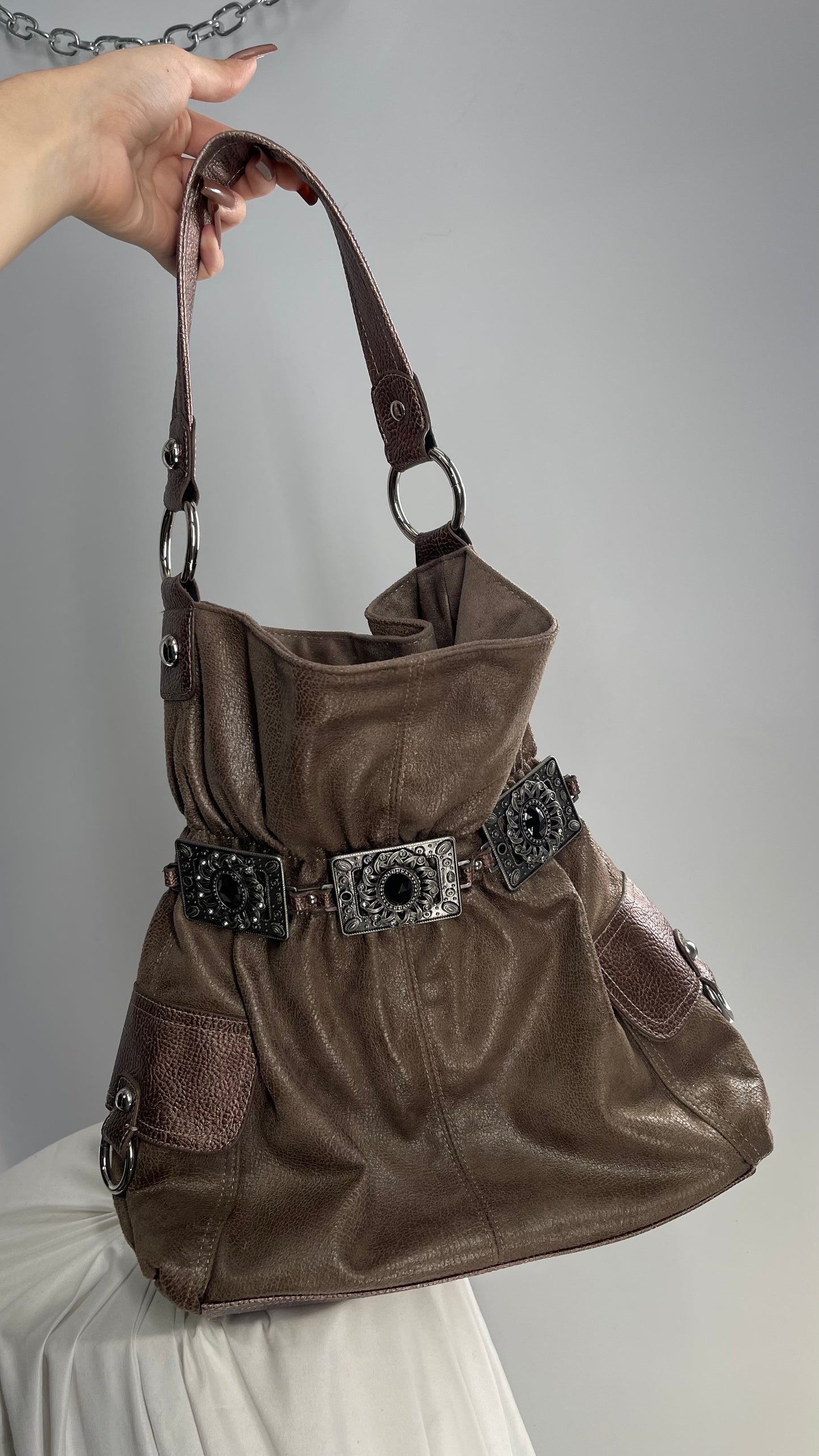 Vintage Kathy Van Zeeland Brown Leather Buckle Bag with Stone Details