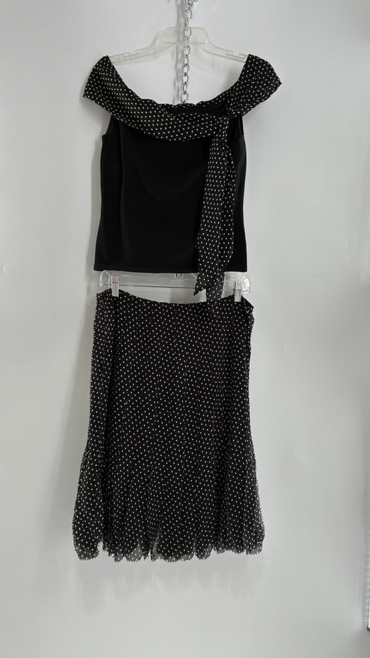 Vintage DANA BUCHMAN 100% Silk Polka Dotted Fringe Skirt and Off the Shoulder Top (Medium)