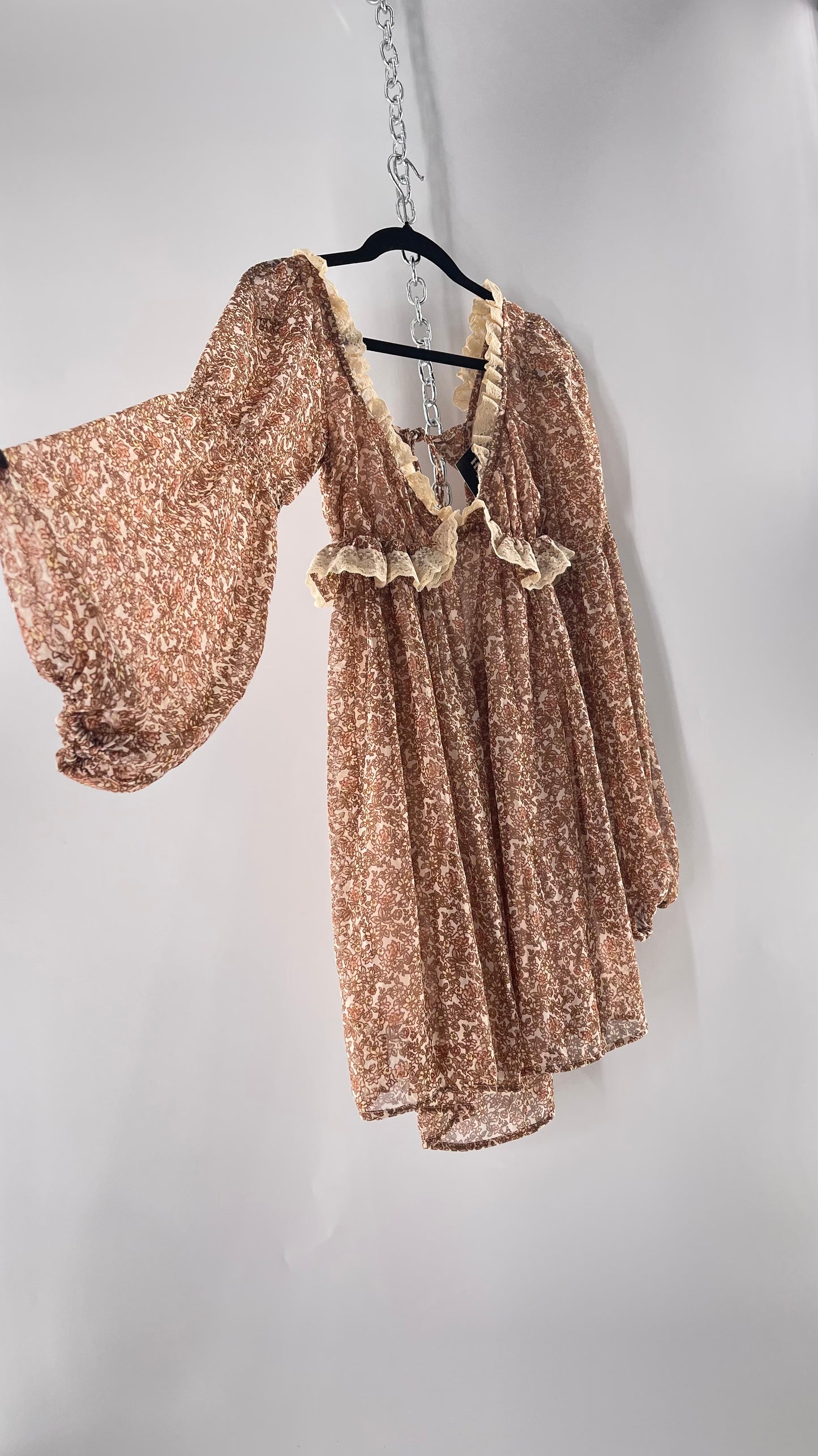 Free People Brown Floral Mini Dress with Beige Lace Lining and Puffy Balloon Sleeves (XS)