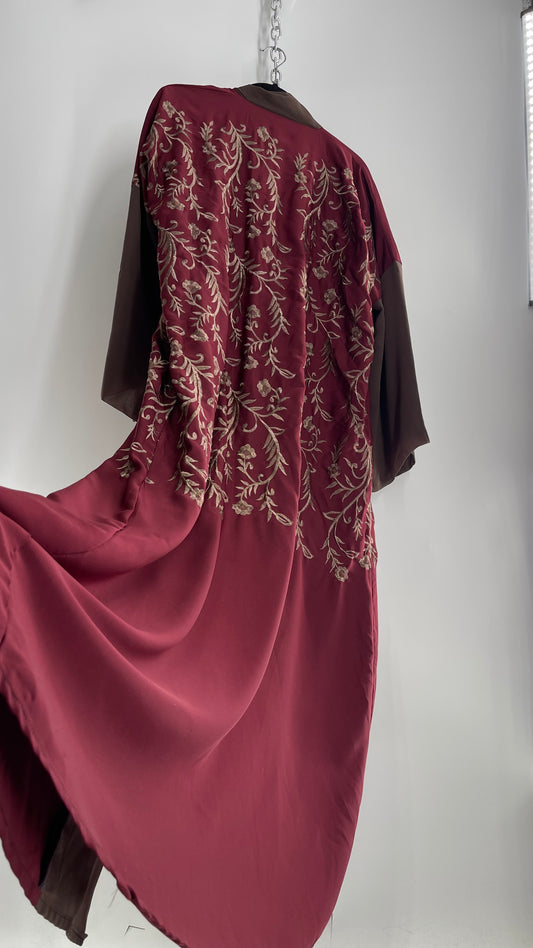 Vintage Embroidered Burgundy Sweeping Duster Coat/Cape with Tan Embroidery