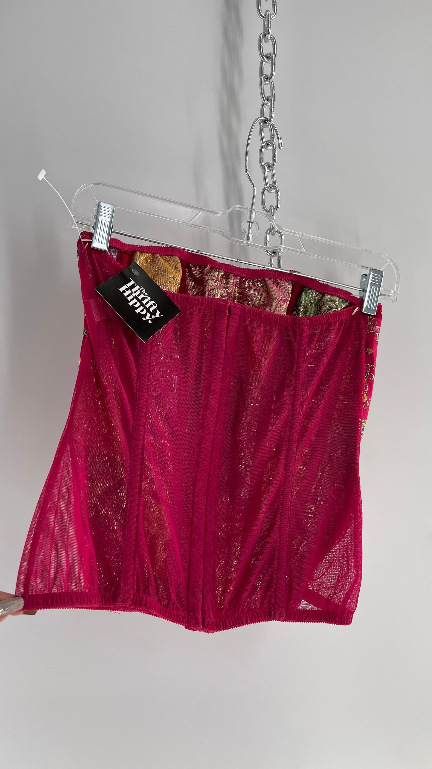 Vintage 1990s HOT Hot Pink Jacquard Metallic Boned Corset with Mesh Back and Hips (Small)