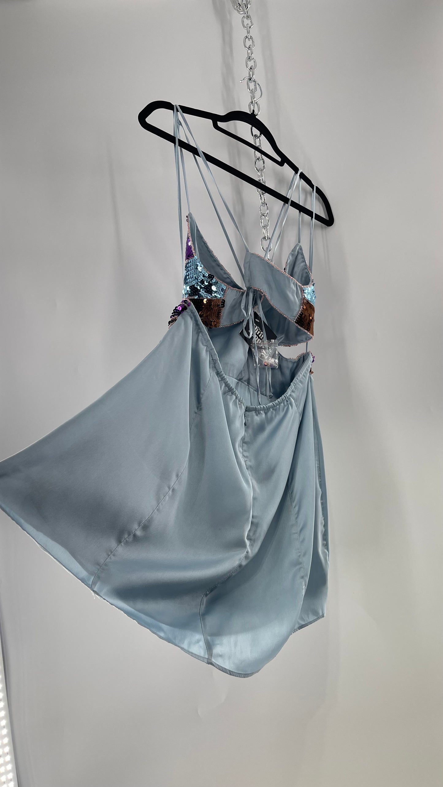 Urban Outfitters Light Blue Satin Butterfly Sequin Size L