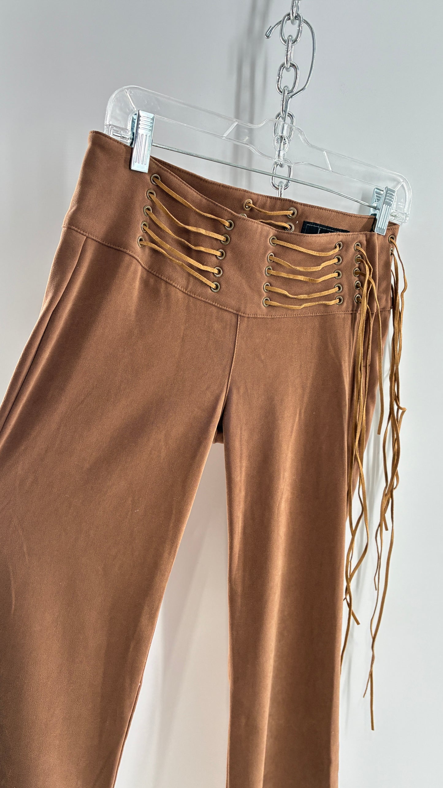 Vintage Rare L.E.I Low Rise Faux Suede Kick Flares with Wide, Thread Through Tassels Hip Band (5)