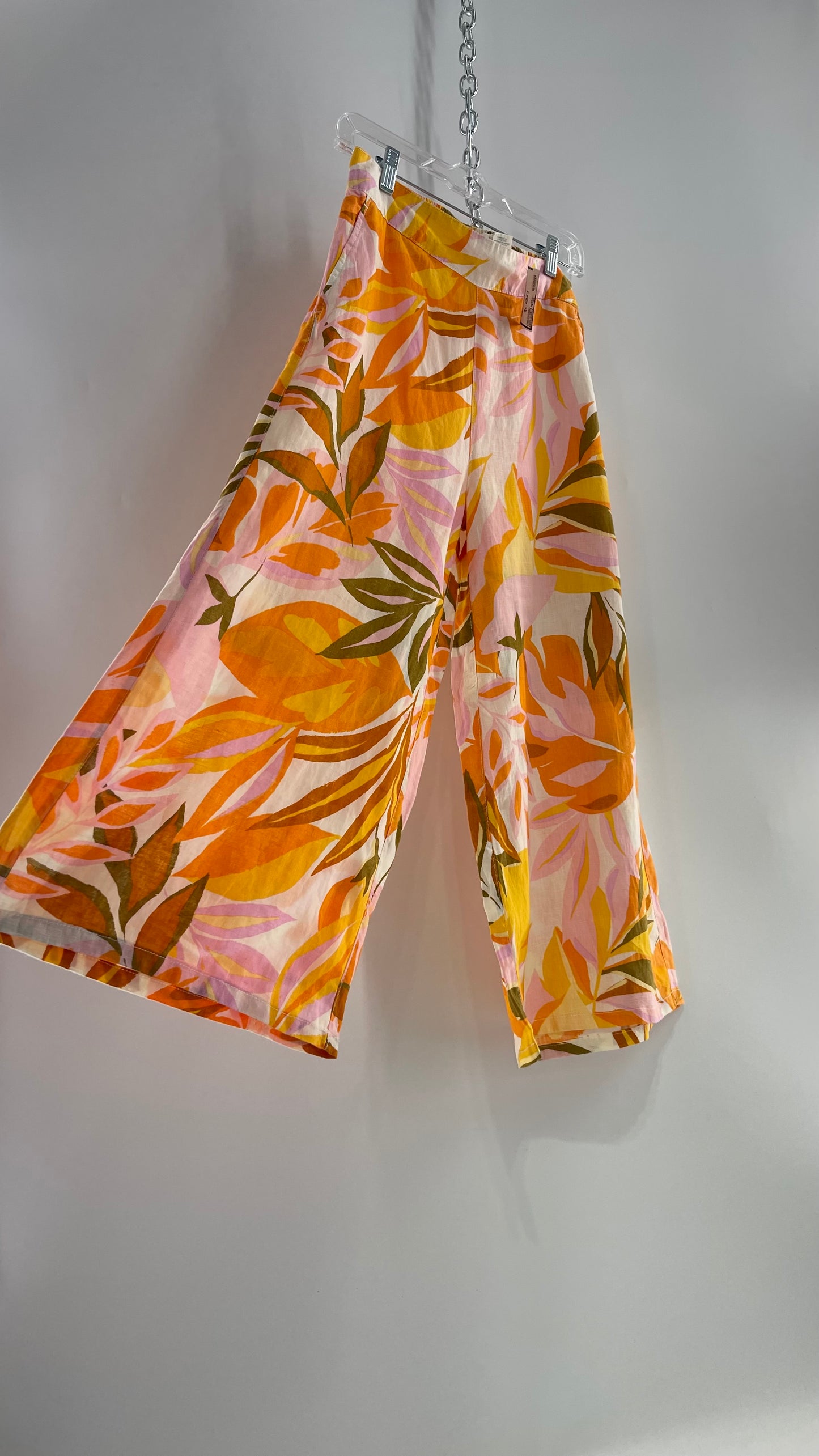 CC California 100% Linen Tropical Print Orange Wide Legs (Small)