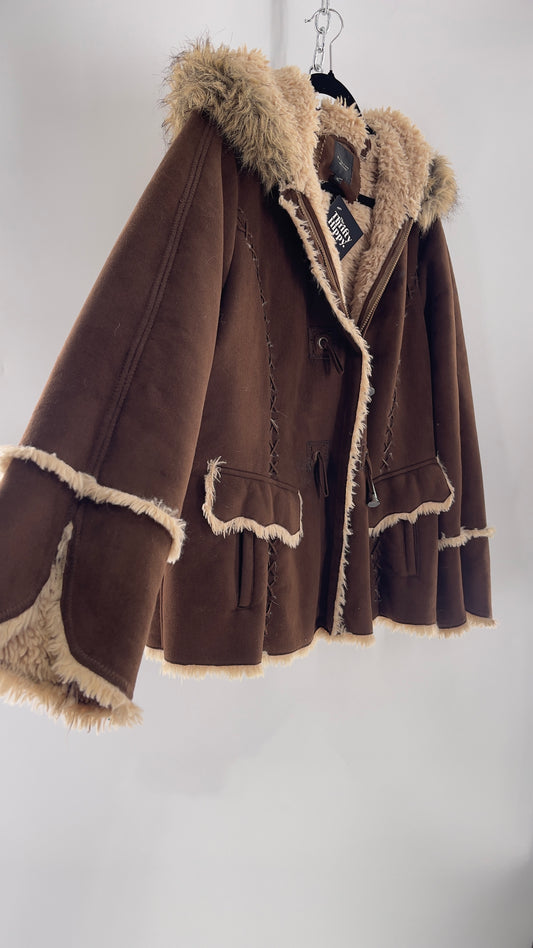 Vintage Braetan Brown Zip Up Coat with Contrast Fur Trim (C) (XL)