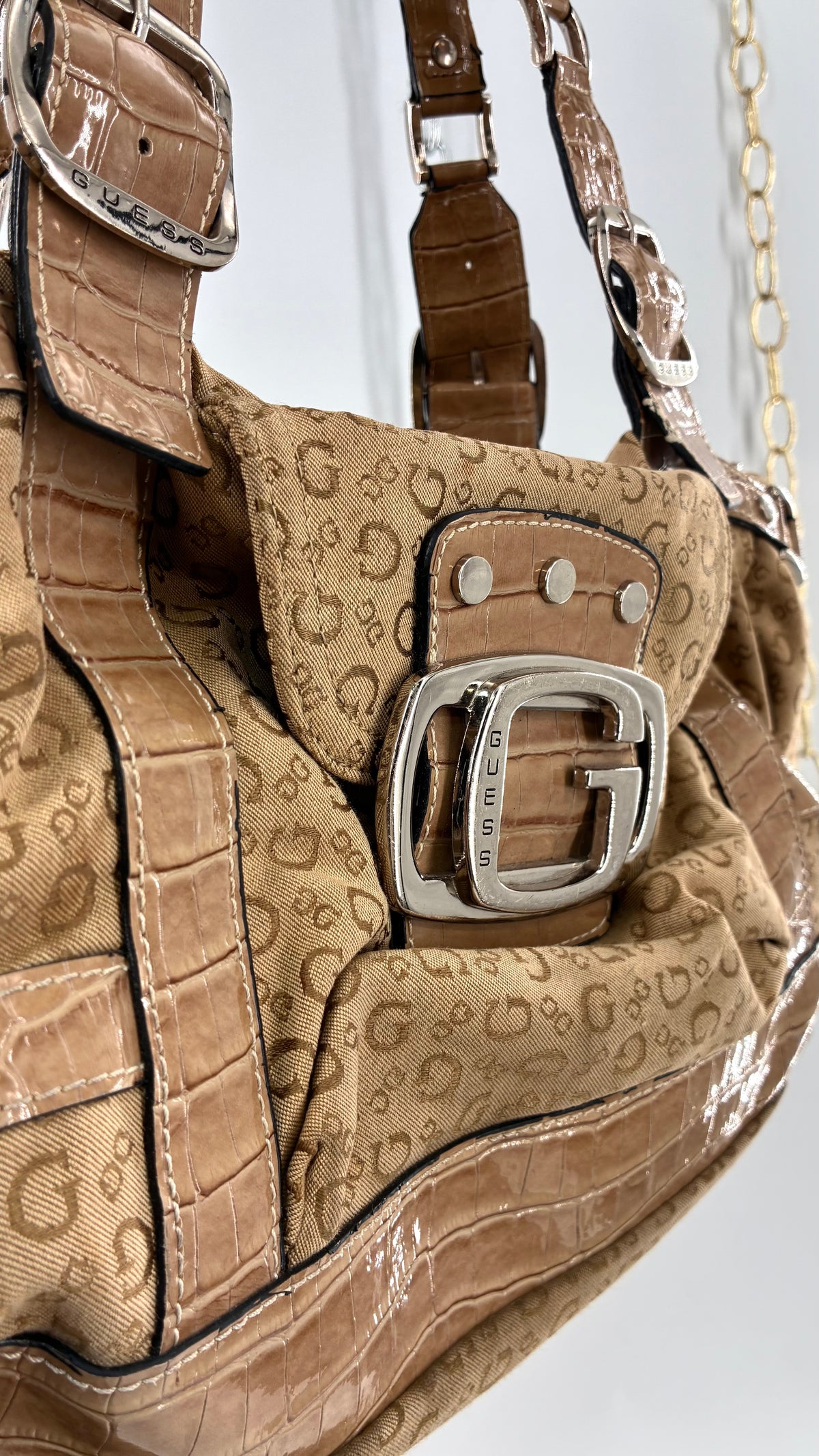 Vintage Guess Tan Monogram Shoulder Bag With Croc-Embossed Trim