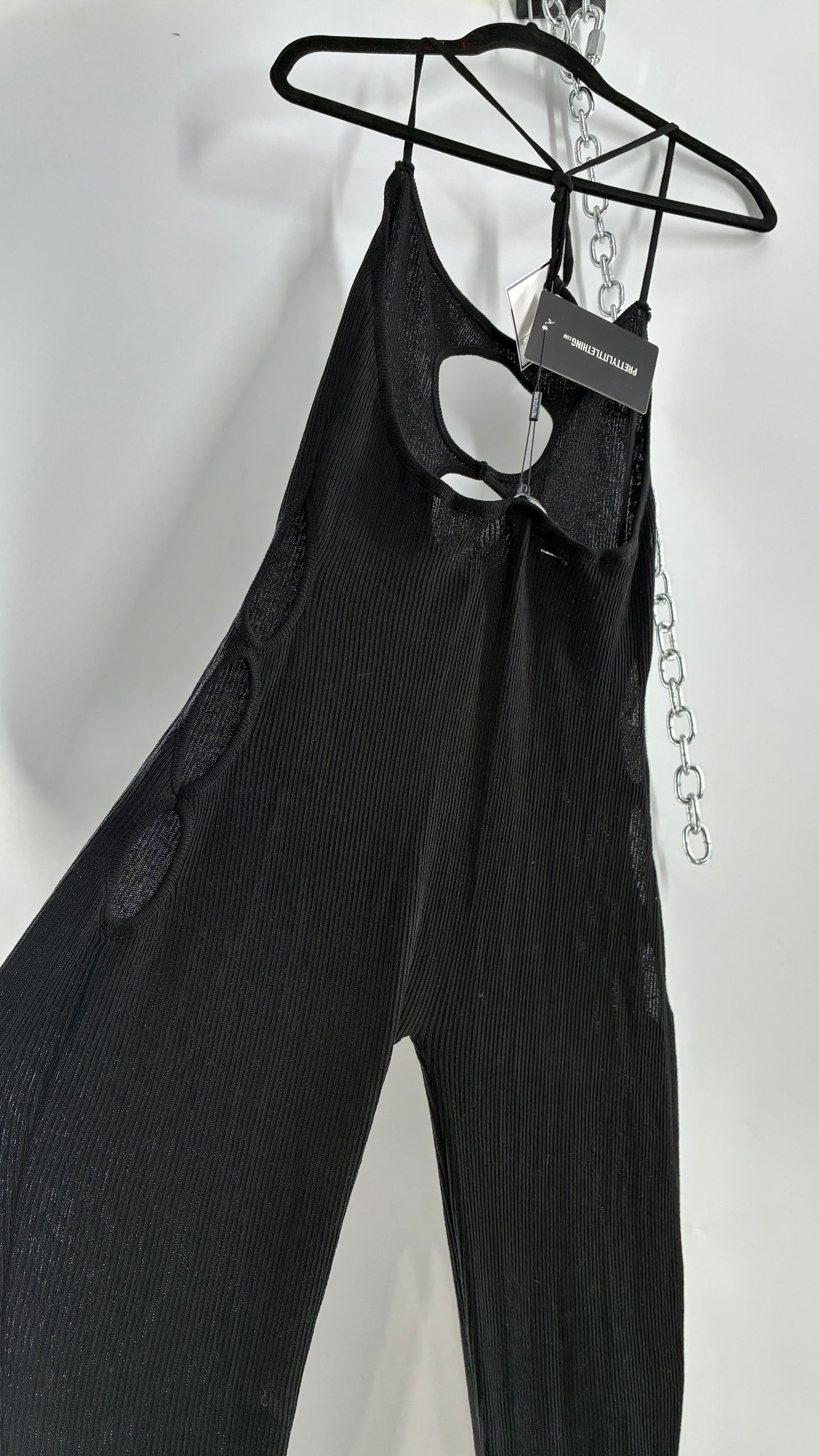 Pretty Little Thing Black Sheer Knit Cut Out Halter Neck Jumpsuit with Tags (Large)