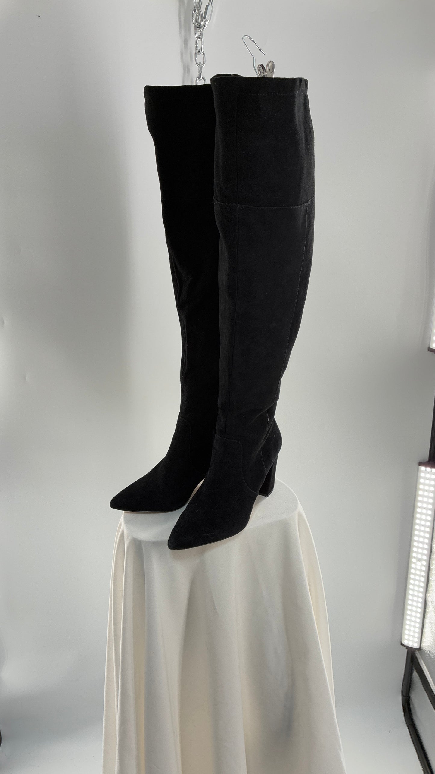 Vintage Black Genuine Suede ADRIENNE VITADINI Thigh High Pointed Toe Boots with Stud Detailing (10)