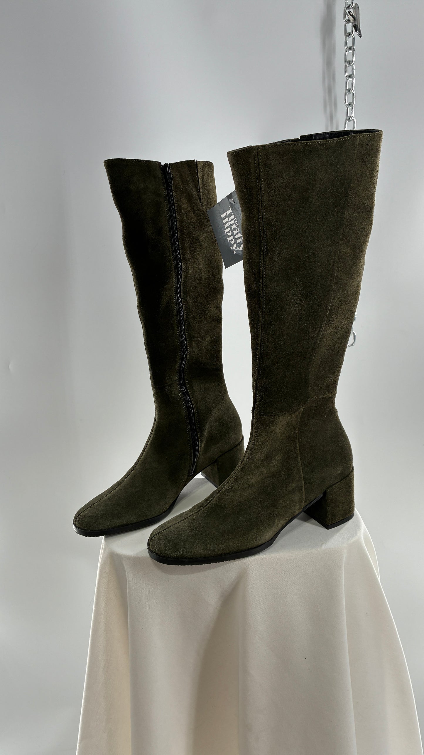 Vintage ERIC MICHAEL Olive Green Suede Boots Square Toe Knee High Boots (36)