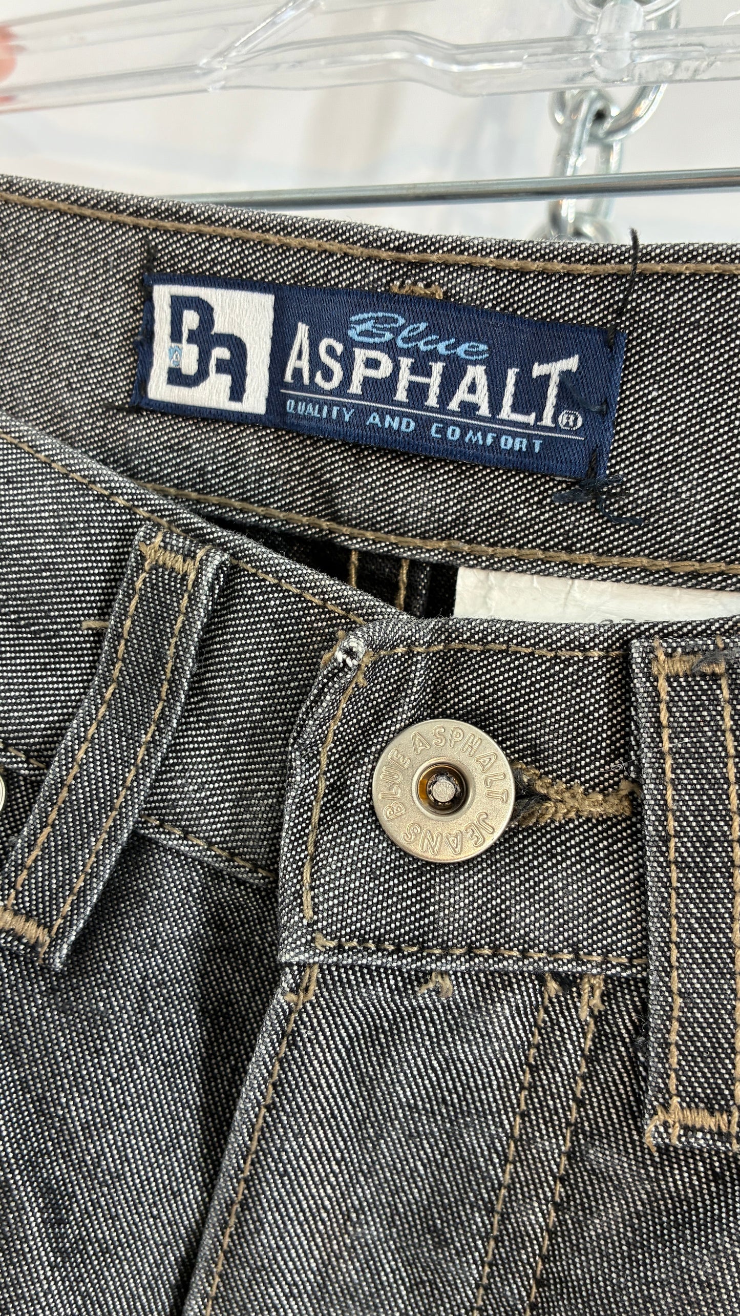 Vintage BLUE ASPHALT Metallic Silver Grey Denim Low Rise Kick Flares (5)