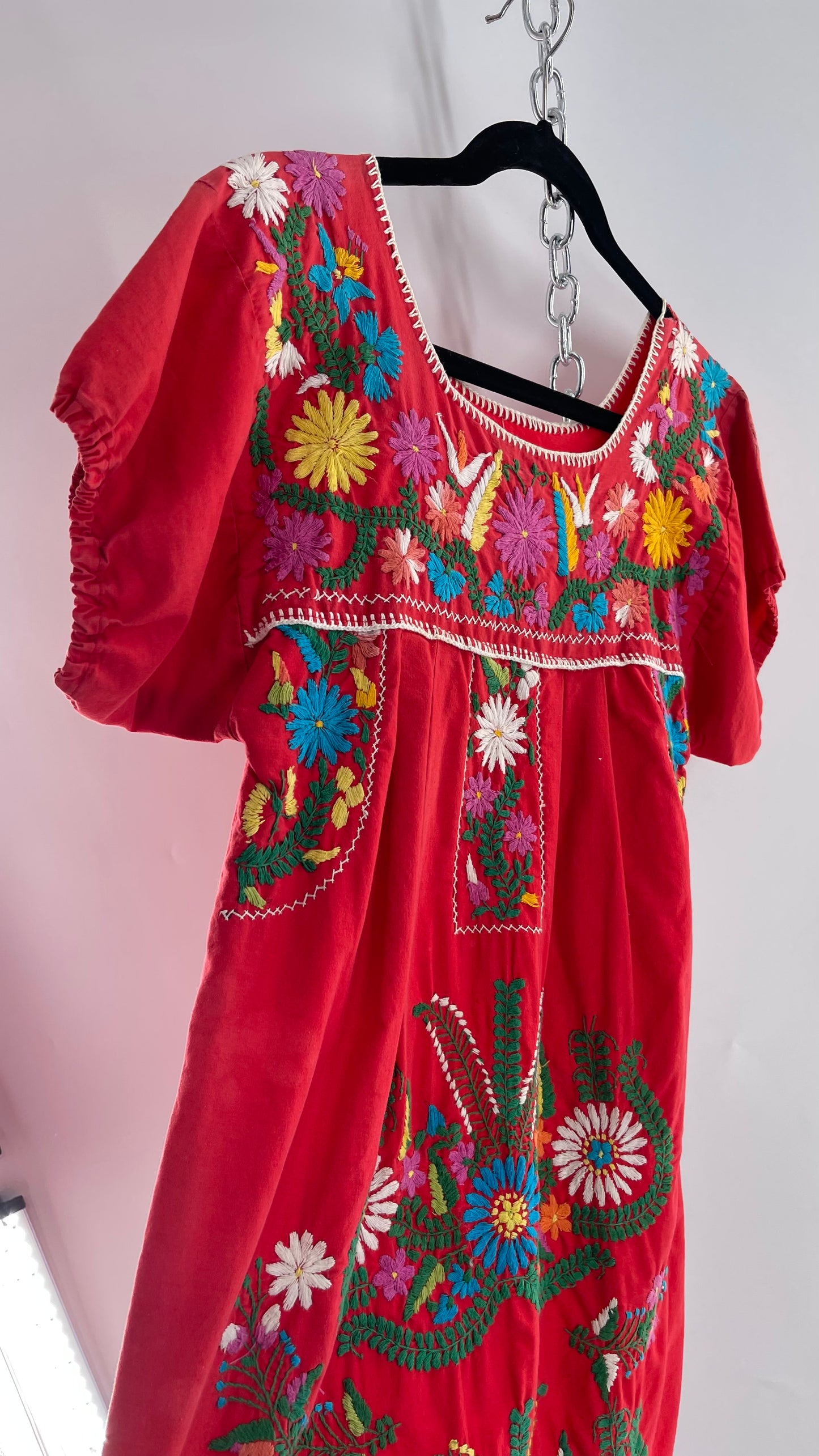 Vintage 1970s Red Cotton Dress with Hand Embroidered Florals Imported from Mexico (Small)