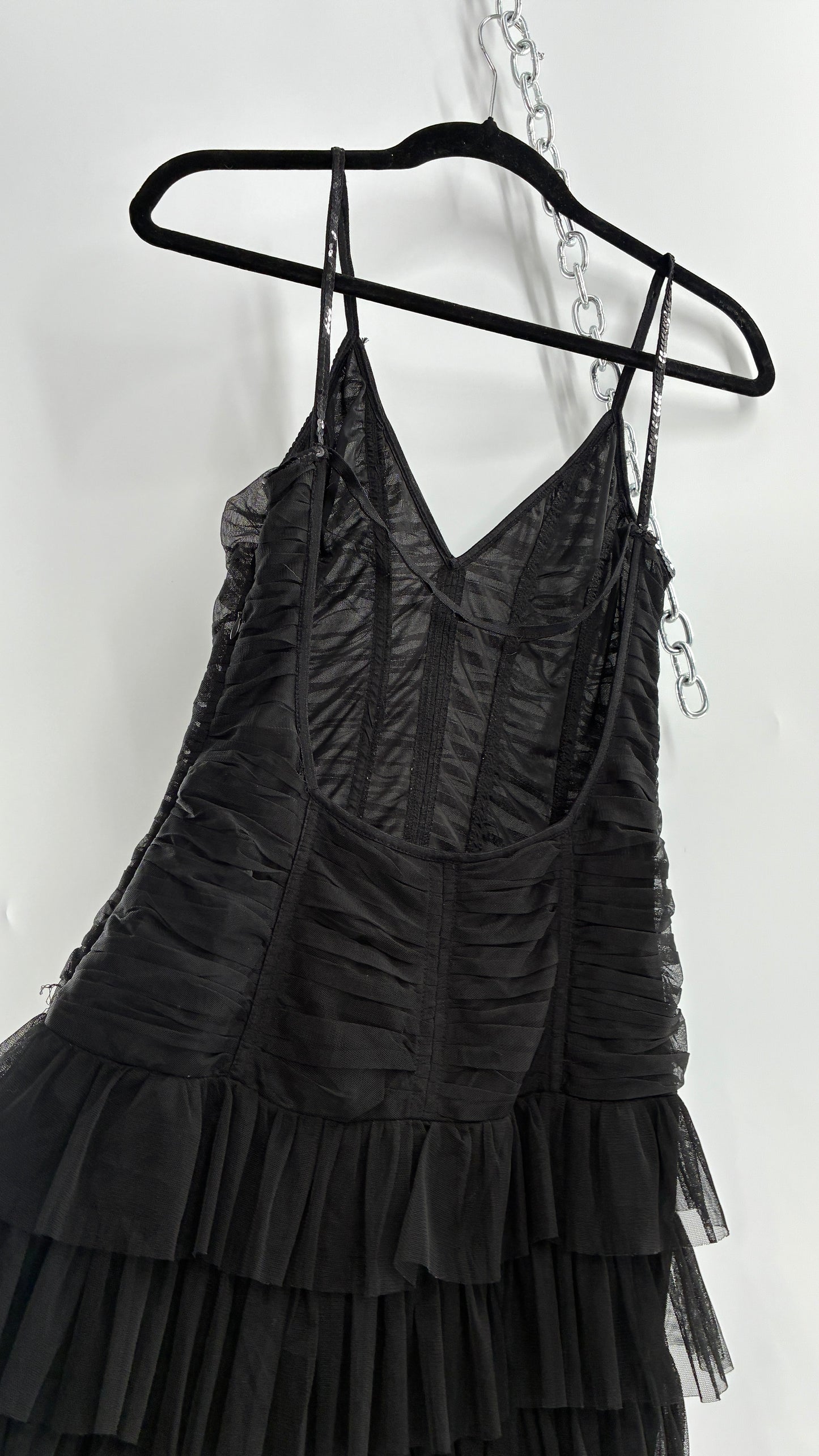 Vintage Black Ruffled Tulle Mini Dress with Low Open Back (8)