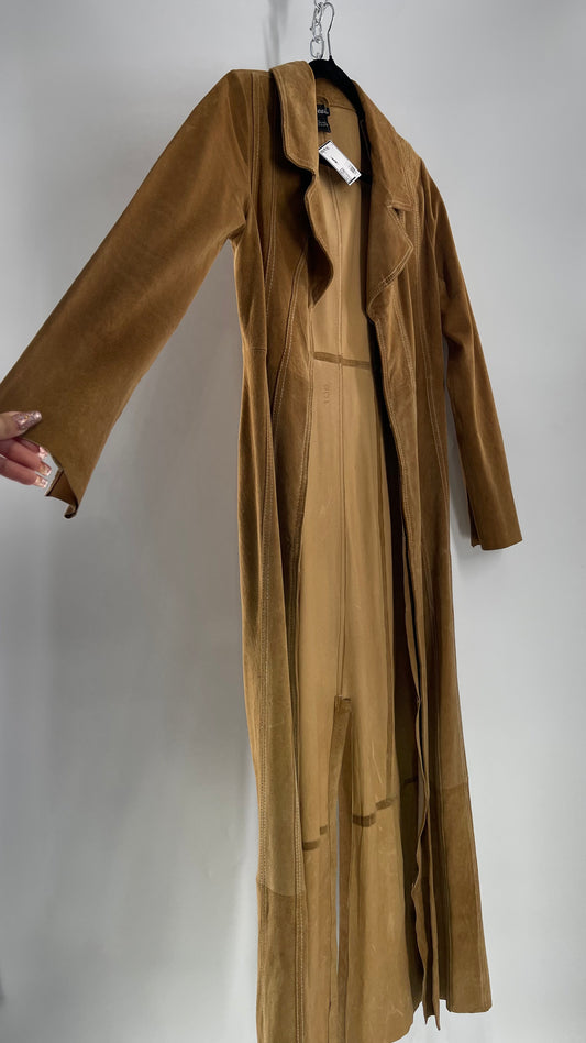 Vintage Wet Seal Full Length Paneled Tan Leather Sweeping Coat (Small)