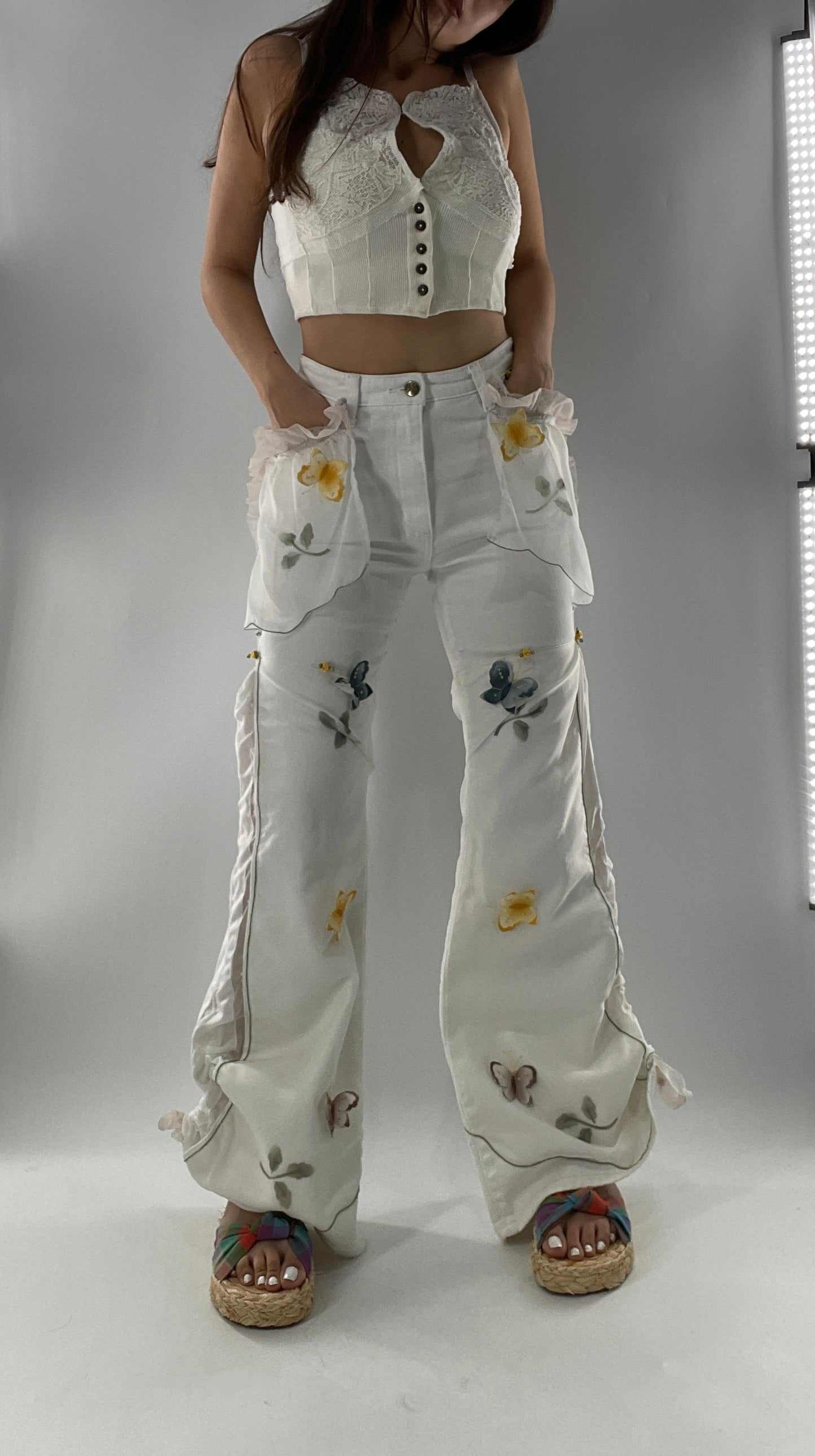 Remade Upcycled Lee White Jeans with Drawstring Adjustable Length, Lace Trim Pockets, Embroidery and Appliqué Details (27)