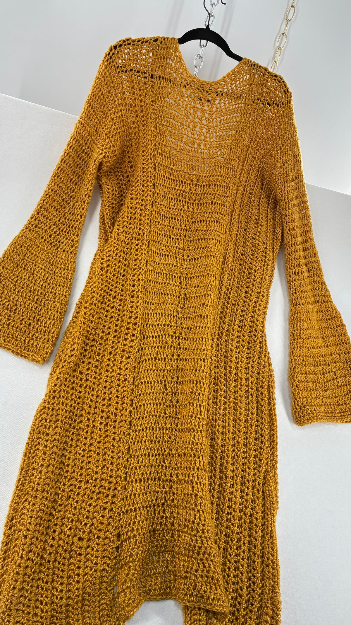 Vintage AUDRIE DESIGNS Mustard Crochet Bell Sleeve Duster Sweater Gown, Hand Knit  (OS)