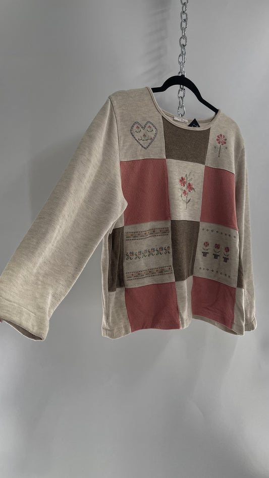 Vintage Embroidered Granny Pink/Beige Patchwork Crewneck (Large)