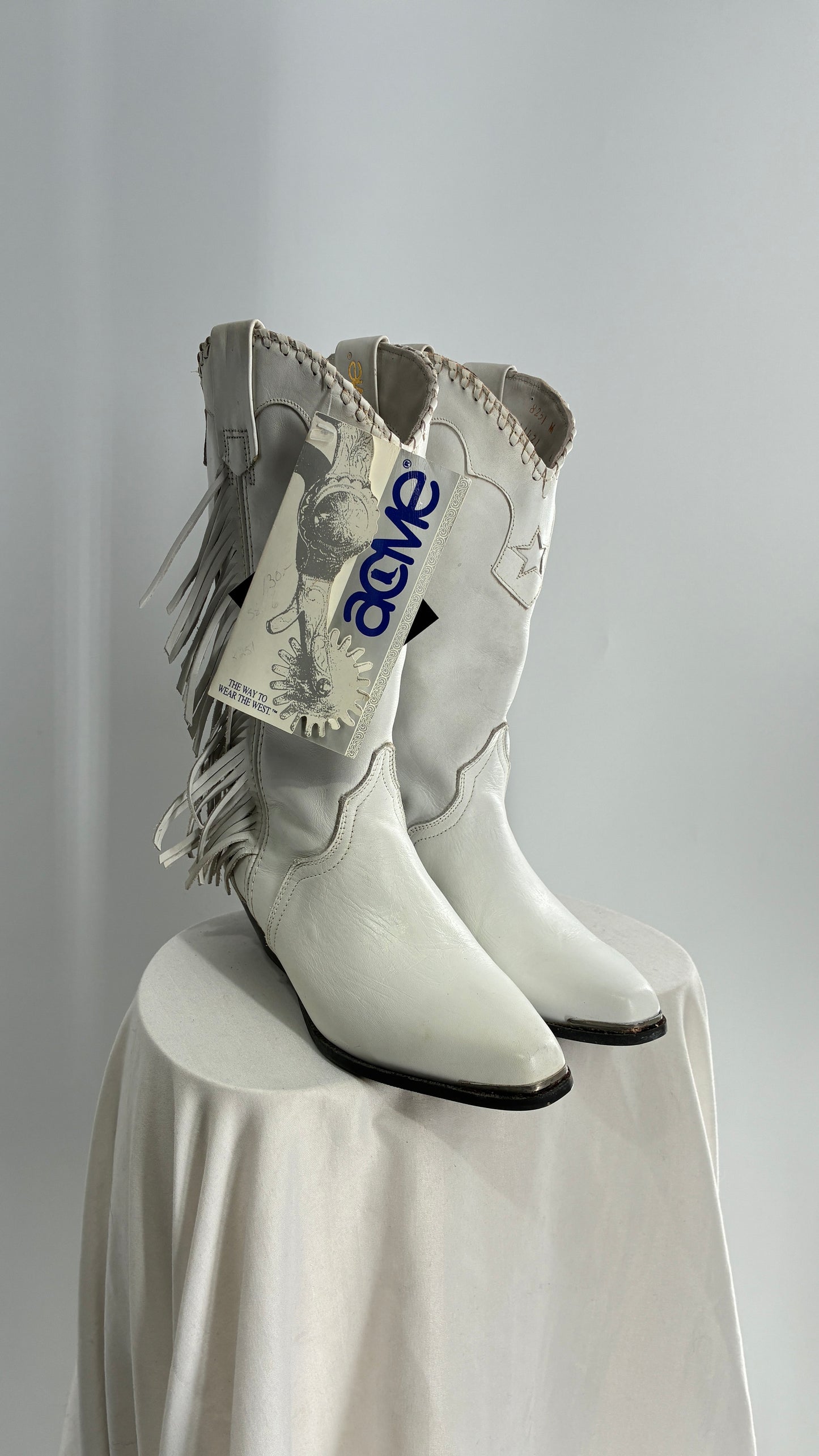 Deadstock Vintage ACME White Cowboy Boots with Braided Cuff, Fringe Sides(6)