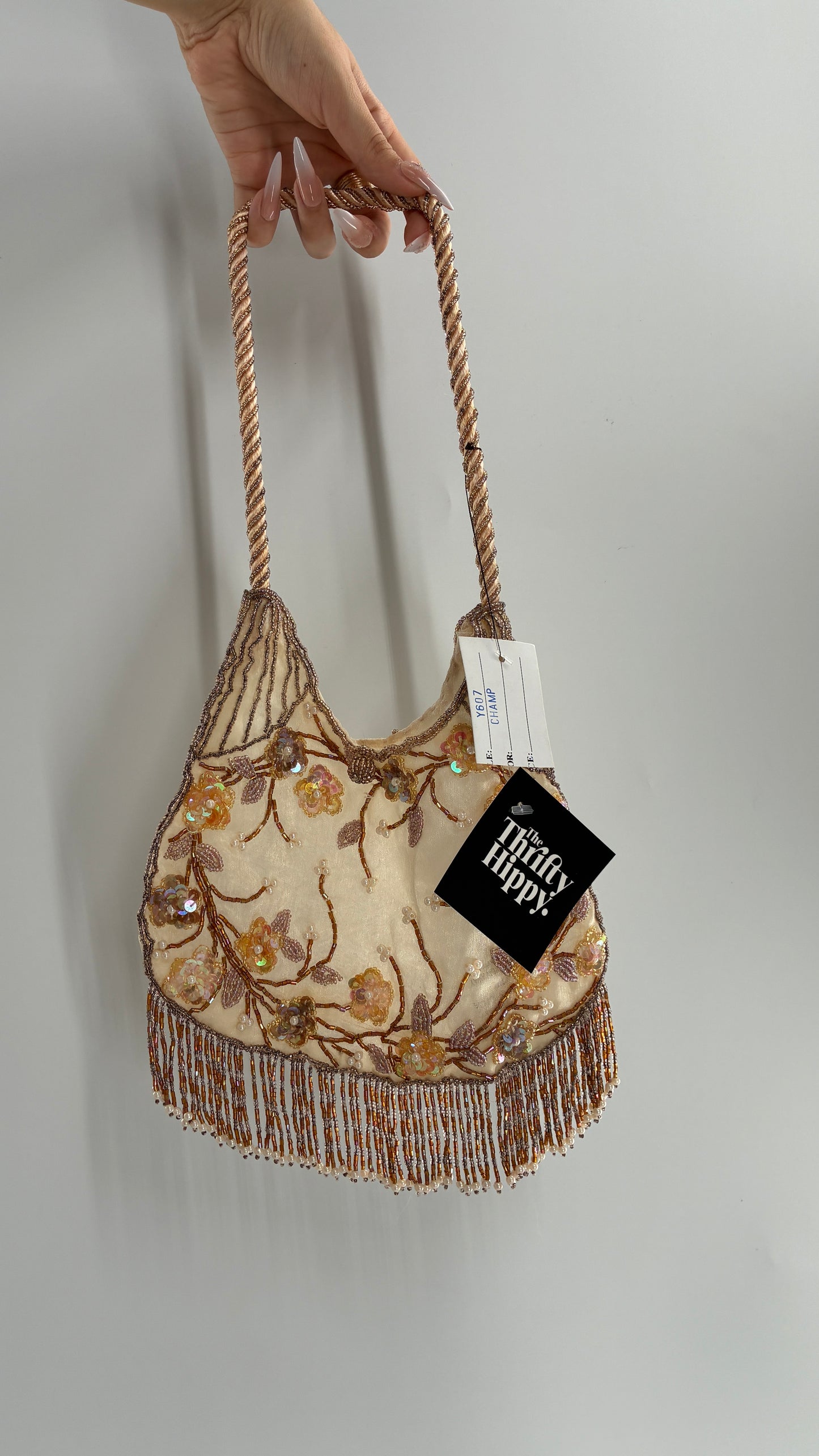 Vintage Deadstock Beige Beaded Fringe Purse with Embroidered Beaded Florals
