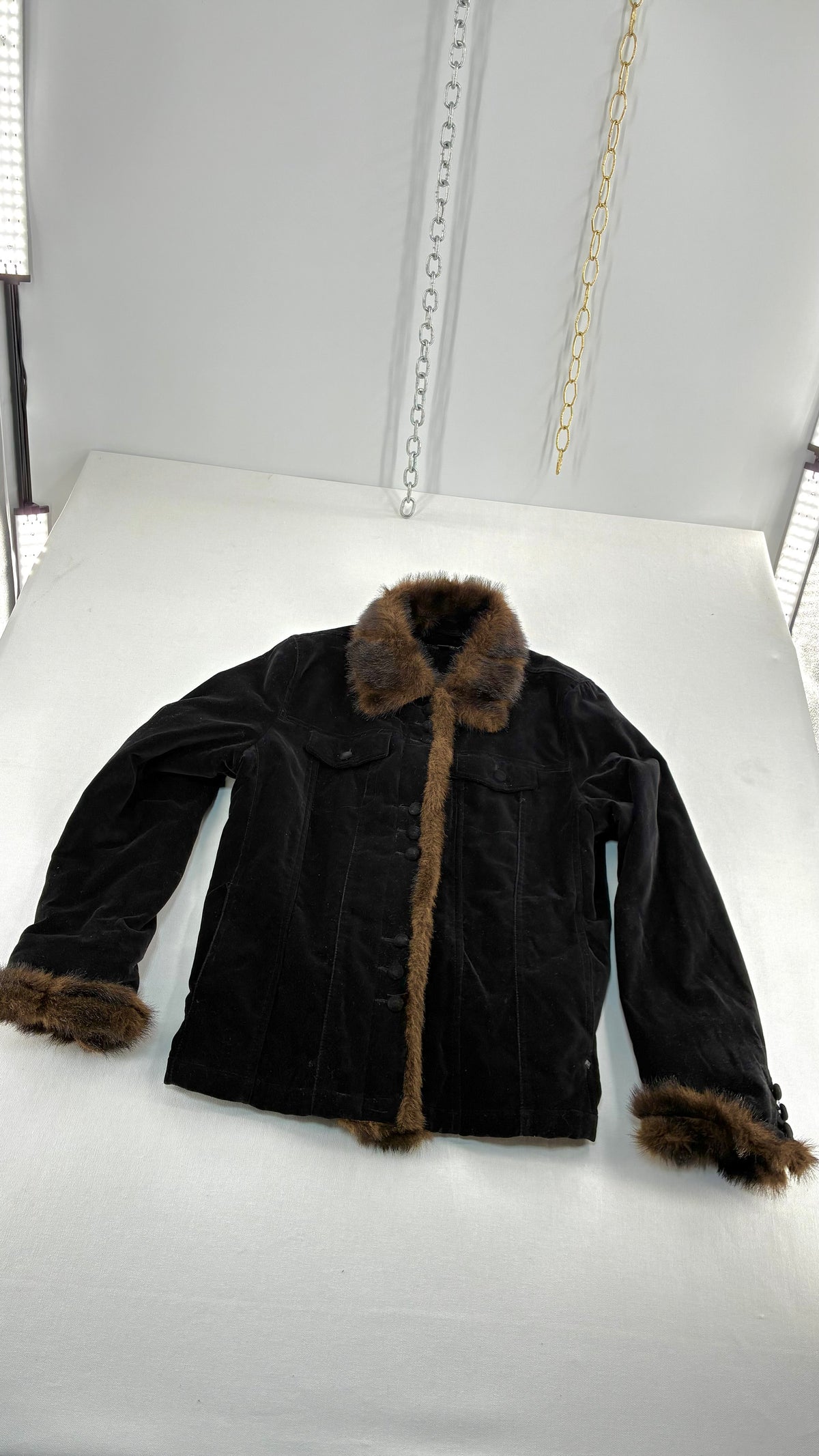 Vintage BLACK RIVET Velour Jacket with Vegan Fur Trim Collar and Cuffs (Large)