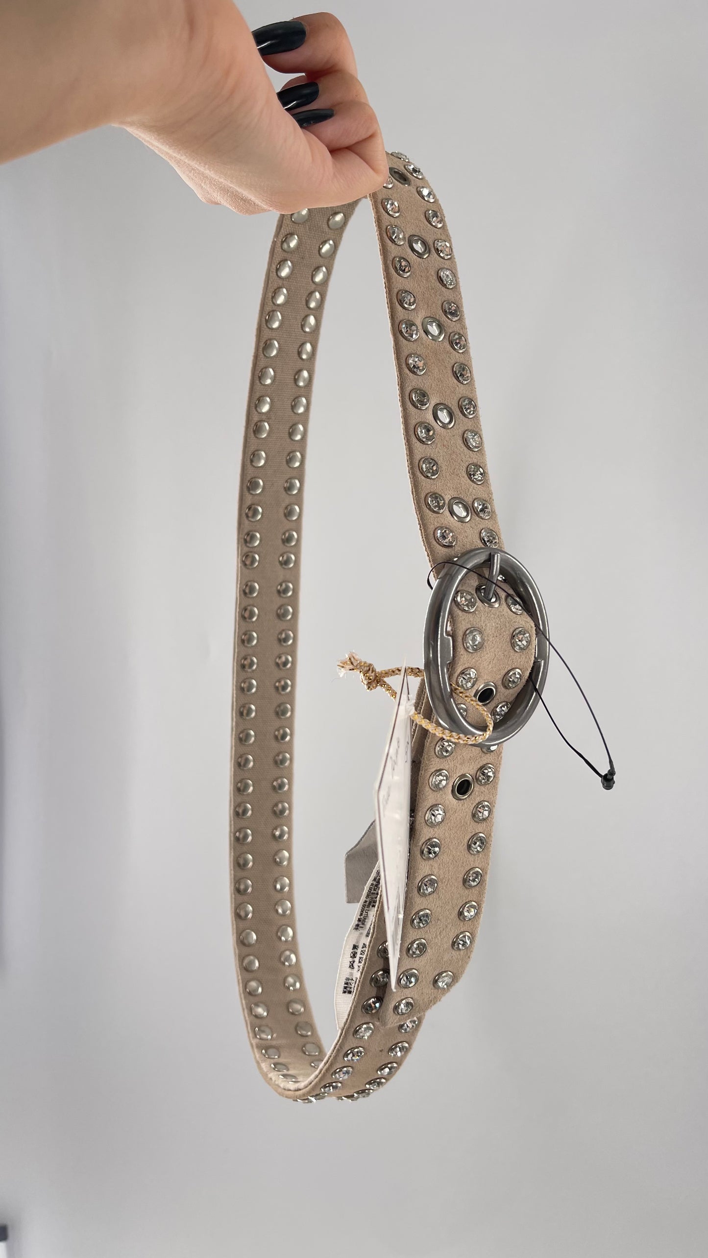 Free People Beige Leather Canvas Studded Rhinestone Crystal Studded Belt with Heavy Metal Buckle (S/M)