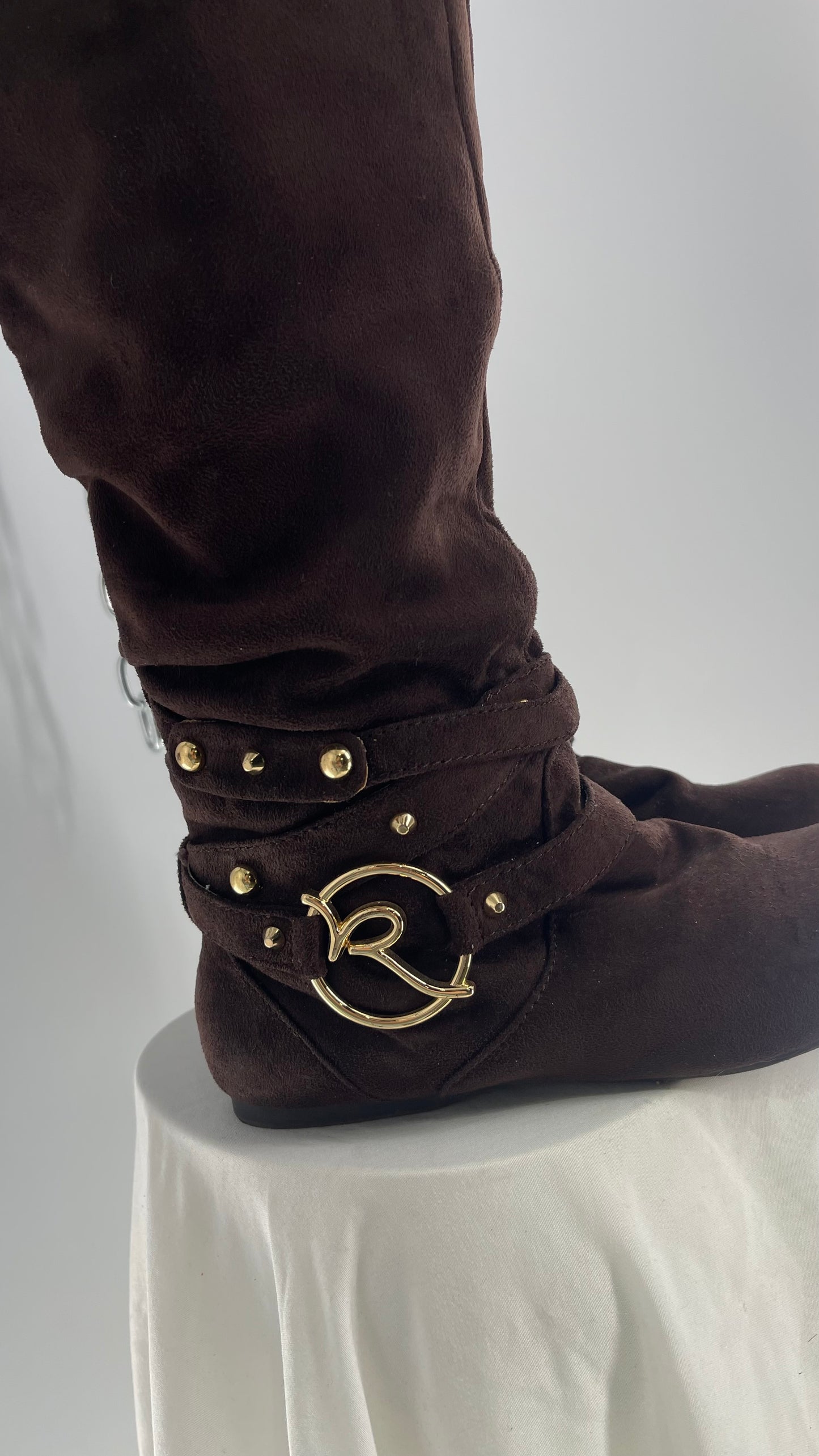 Vintage ROCAWEAR 2000s Brown Strappy, Studded, Slouchy Boots with Gold Logo Hardware (7)