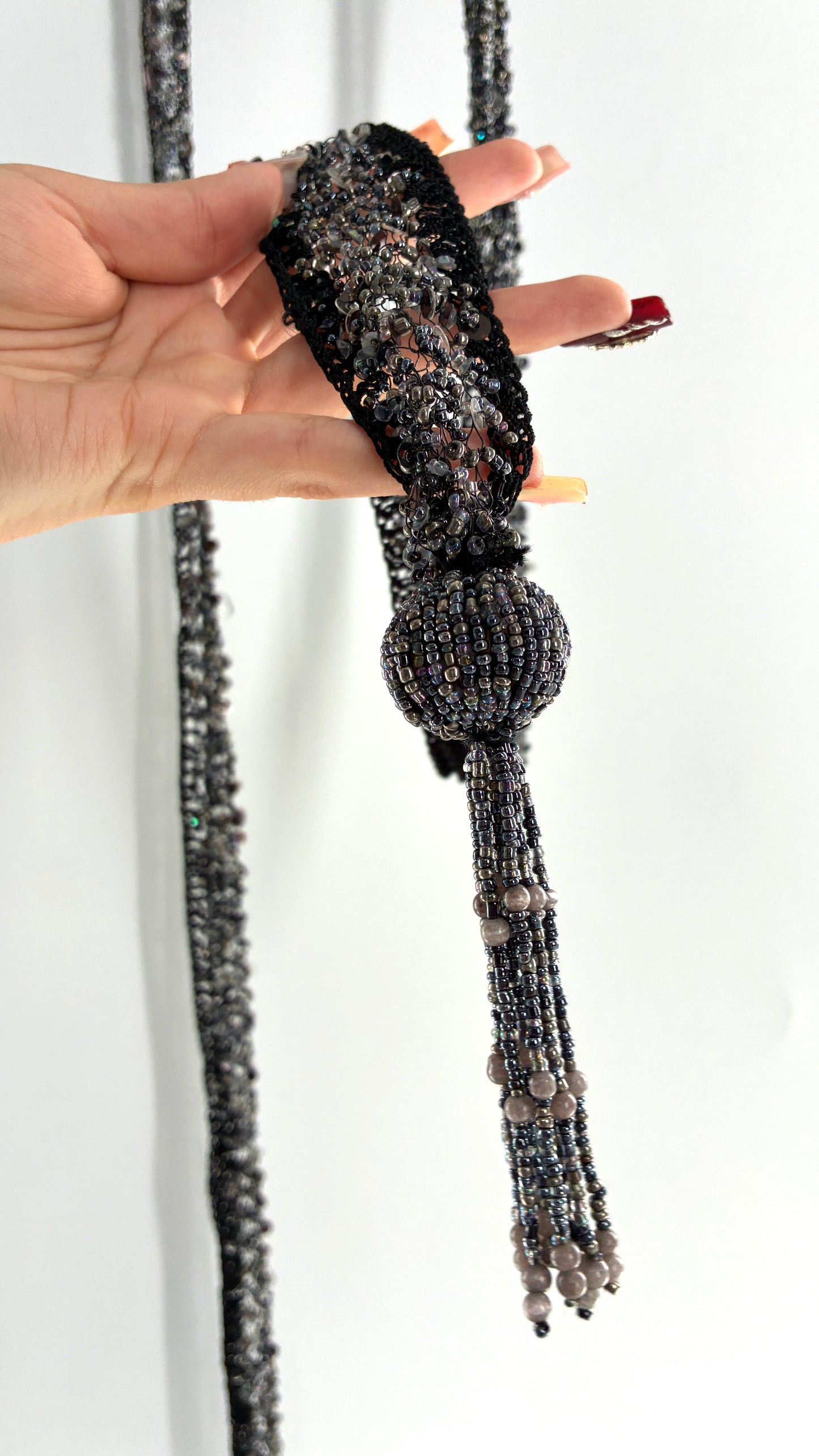 Vintage Black Netted + Crochet Scarf Necklace Covered in Heavy Beading