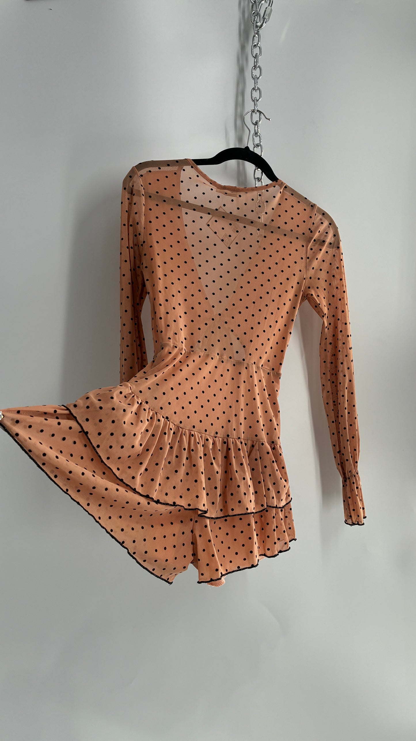 Fashion Nova Tan/Apricot Balloon Sleeve Romper with Ruffled Shorts and Cut Out, Tie Front Bust (Small)