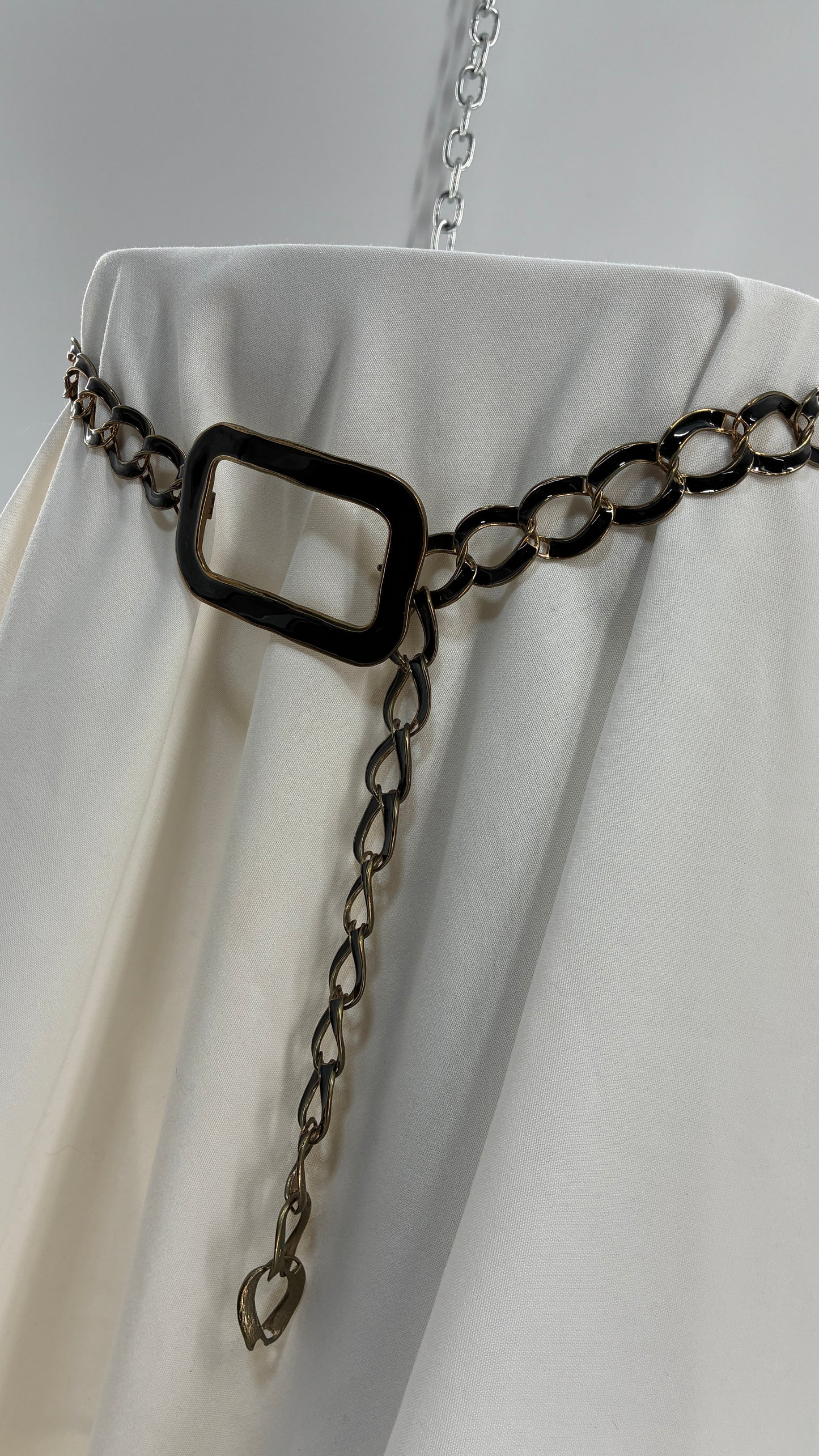 Vintage Gold and Black Chain Belt with Oversized Statement Buckle (One Size)