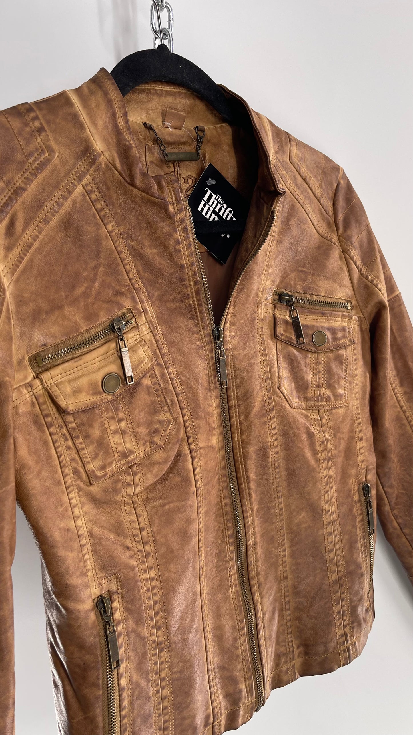 Vintage Brown Vegan Leather Distressed Motorcycle Jacket  (Small)