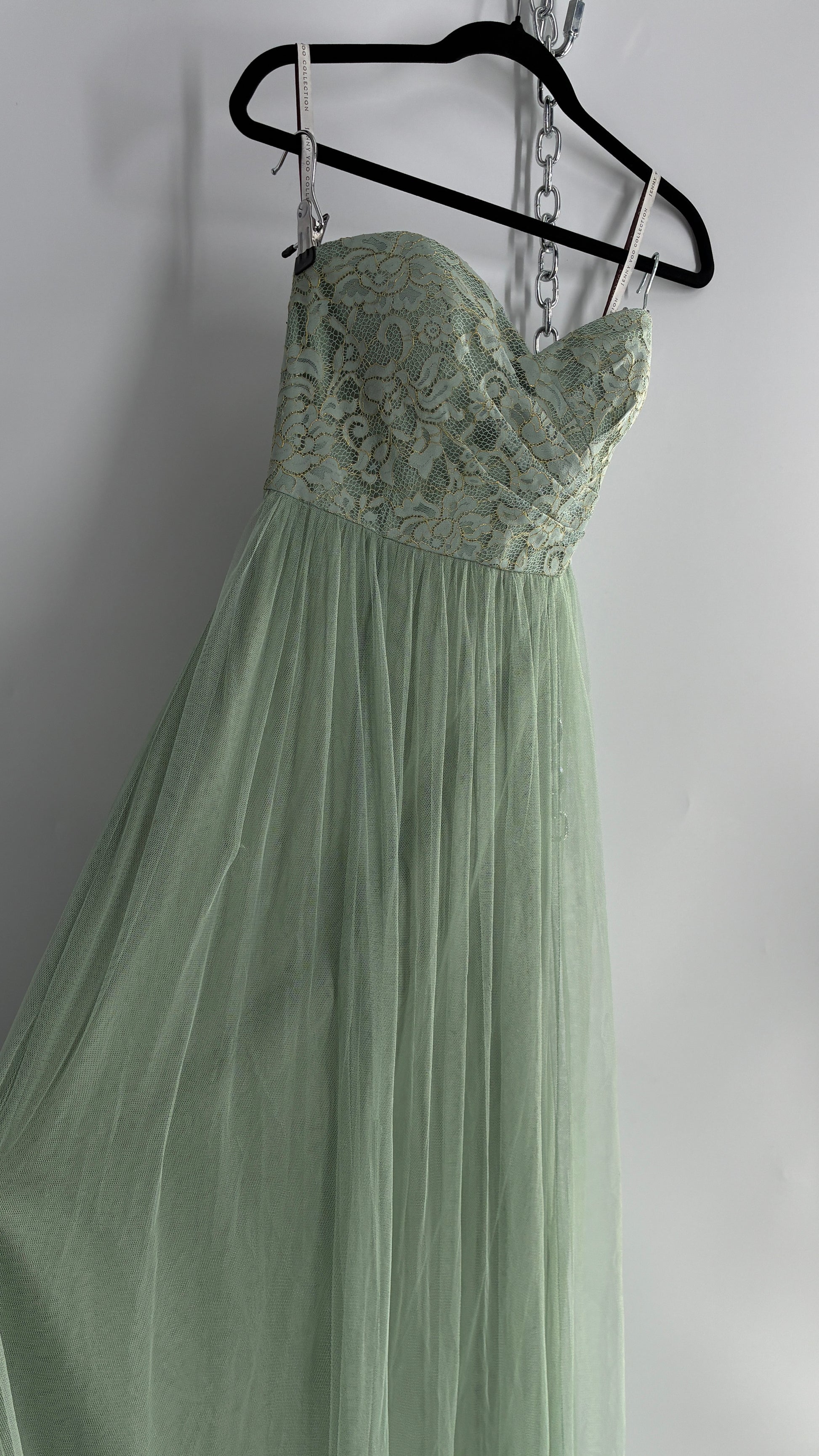Jenny Yoo Seafoam Green Tulle Full Length Dress with Lace Corset Bodic The Thrifty Hippy Jenny Yoo Seafoam Green Tulle Full Length Dress with Lace Corset Bodic The Thrifty Hippy