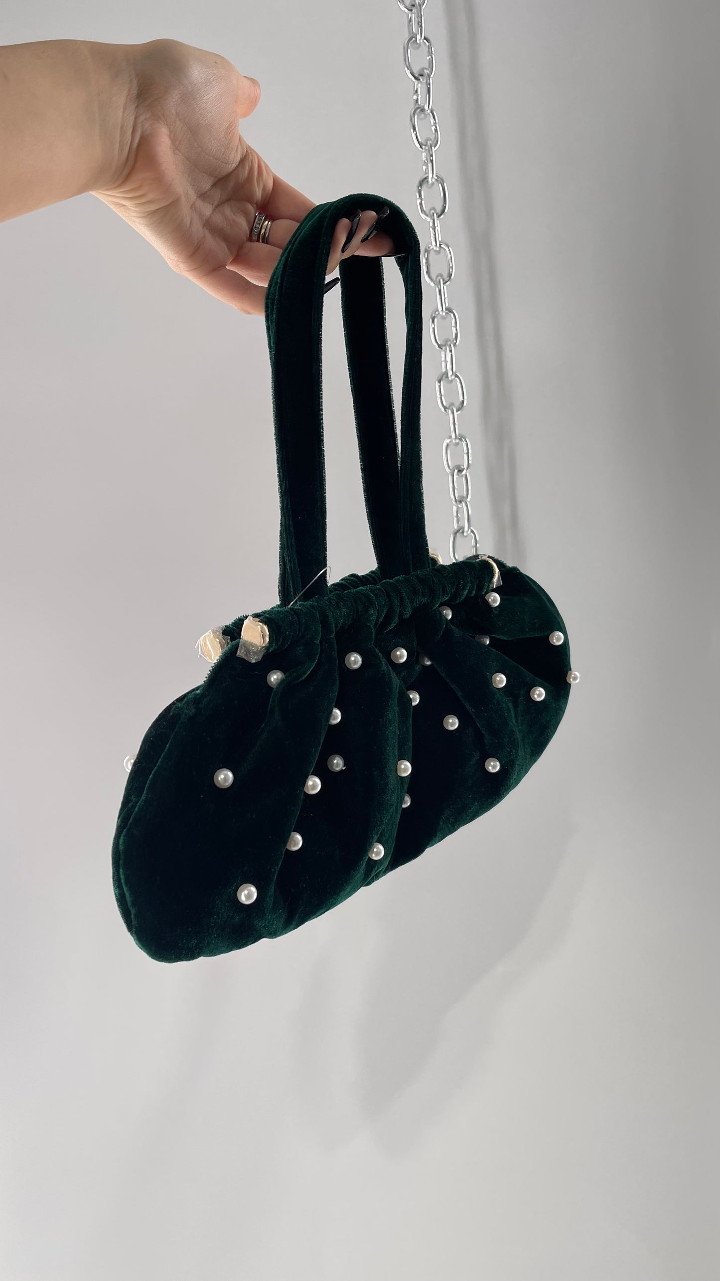 Vintage Deep Green Velvet Purse Covered in Pearls, and Featuring Gold Metal Closure Still Lined in Protective Plastic