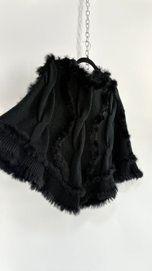 Vintage Black Cable Knit, Hooded Poncho with Genuine Rabbit Fur Trim (One Size)