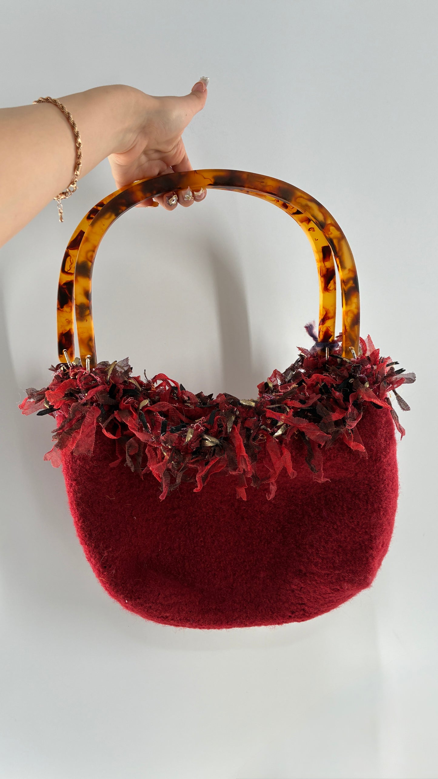 Vintage Handmade Handwoven Red Bag with Tags, Fringe Detailing and Tortoise Shell Handle