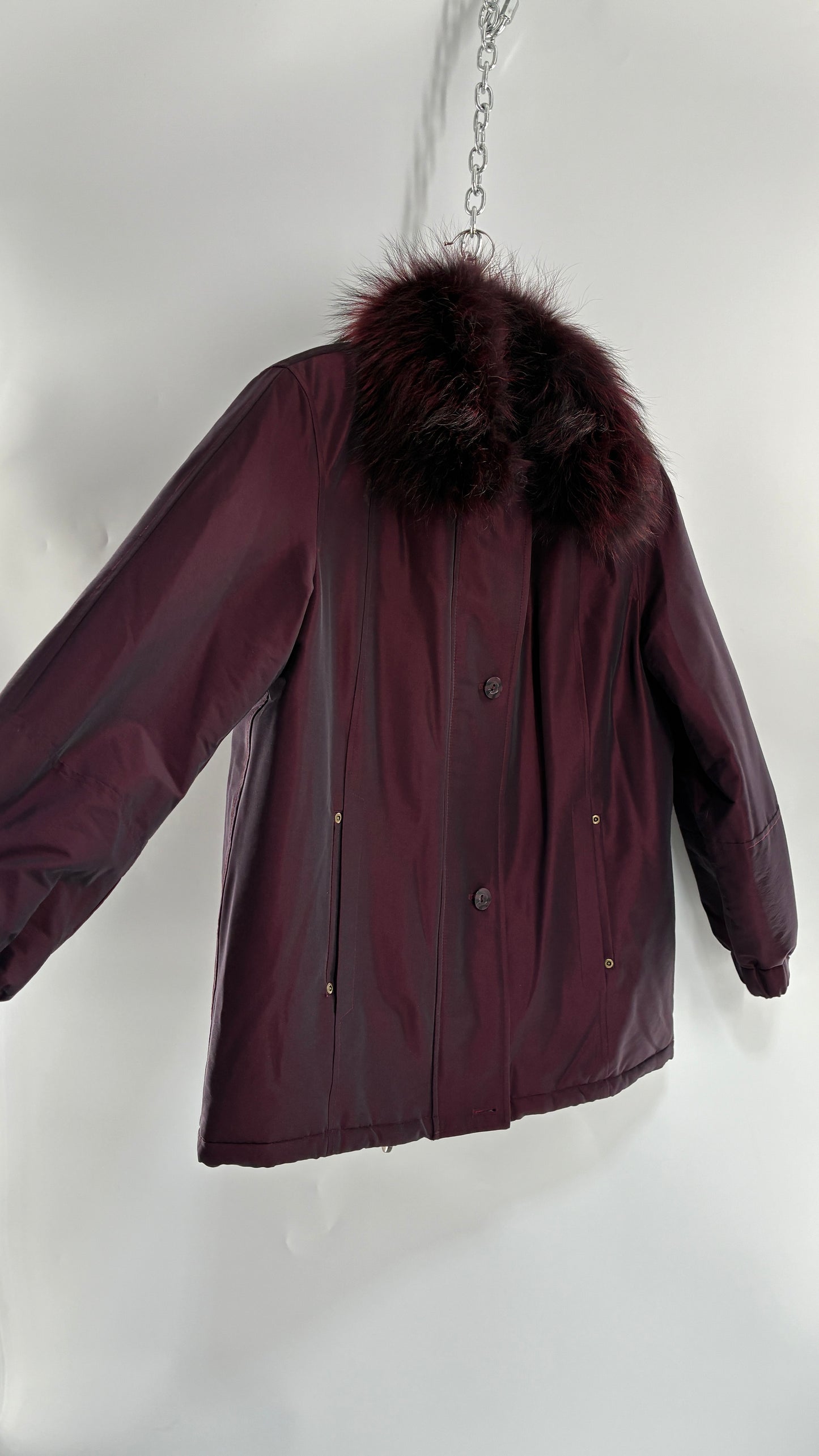 Vintage FLEET STREET Metallic Iridescent Purple Jacket with Exaggerated Genuine Fur Collar (Medium)