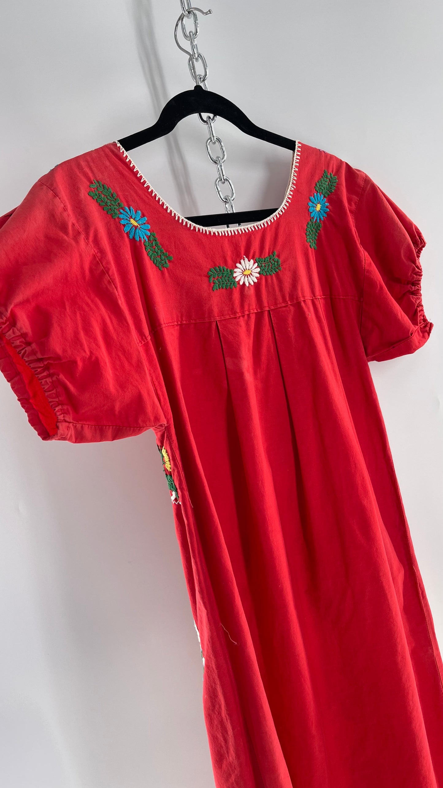 Vintage 1970s Red Cotton Dress with Hand Embroidered Florals Imported from Mexico (Small)