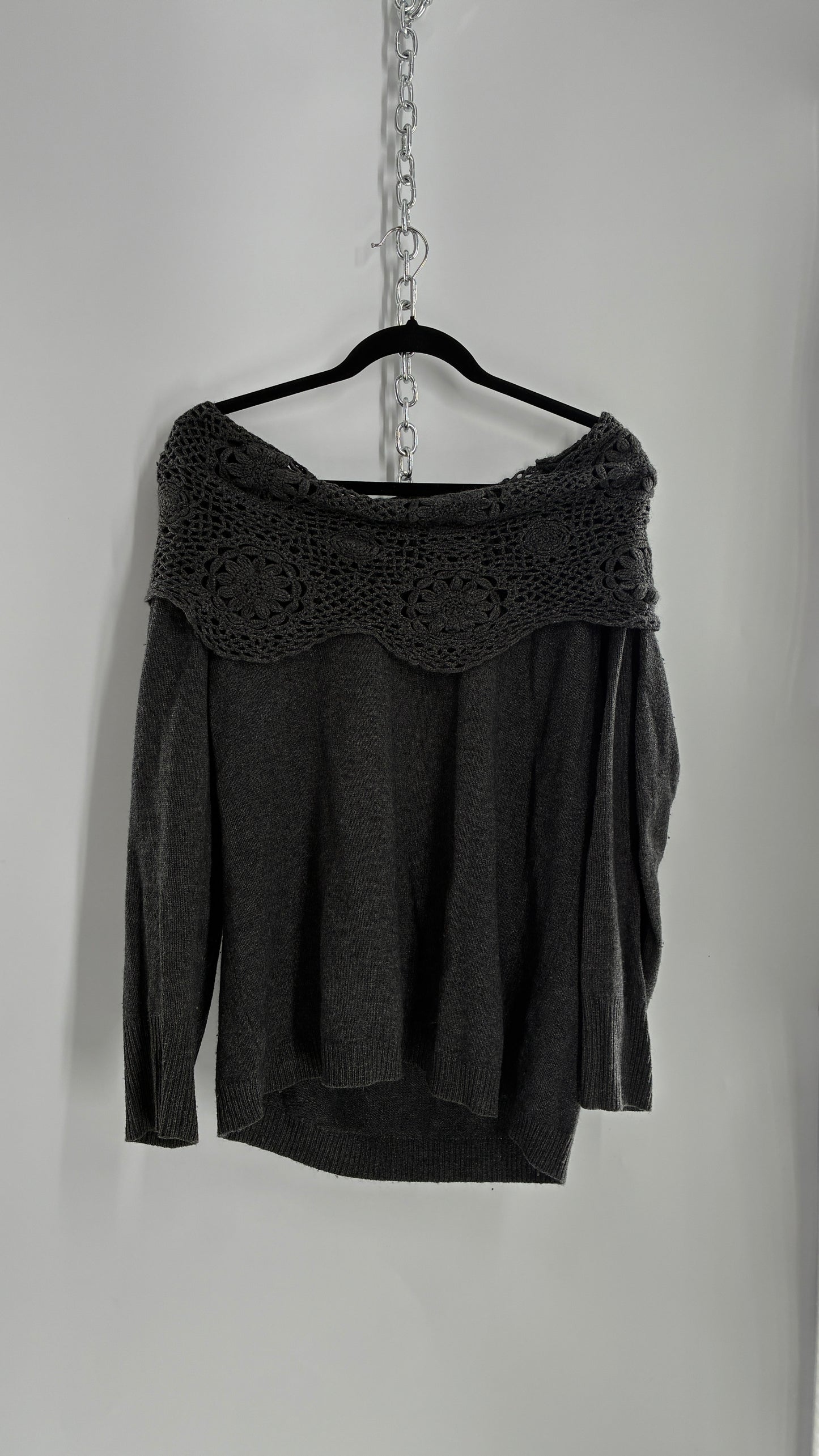 Vintage ELENA MIRO 29% Virgin Wool 8% Angora Wool 8% Cashmere Grey Off the Shoulder Crochet Band Sweater (Medium)