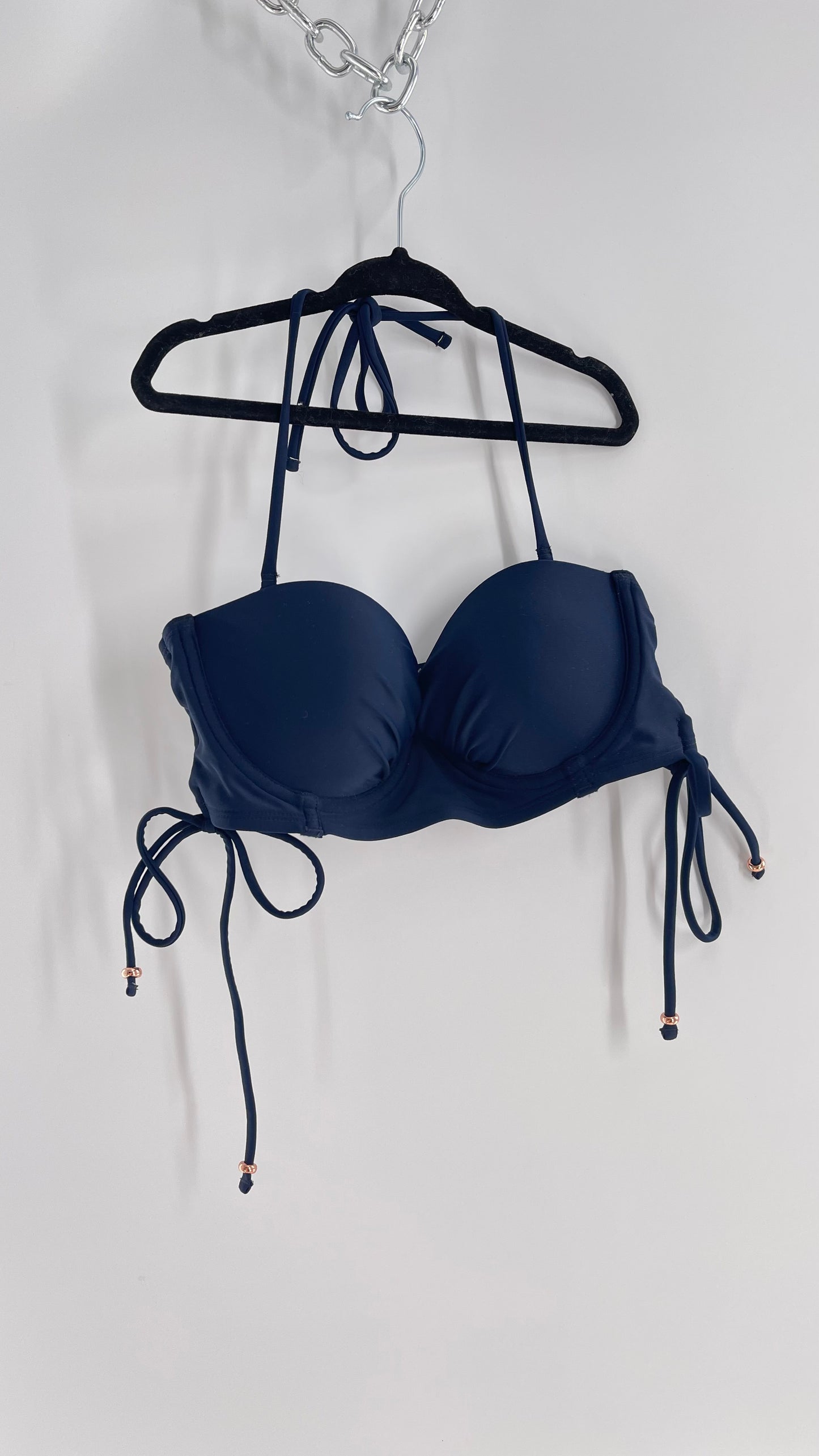AERIE Navy Blue Underwire Swim Top with Lace Up Sides with Rose Gold Beads (S)
