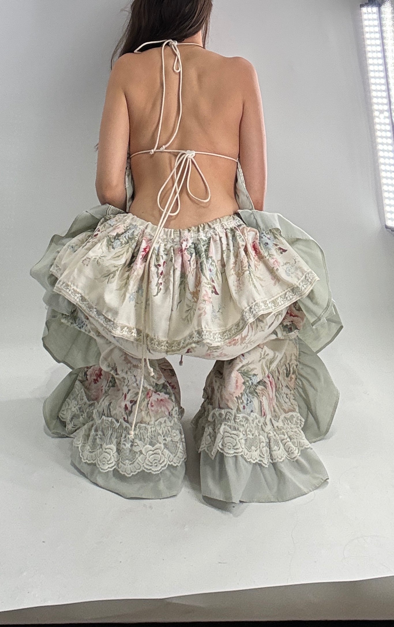 Handmade Vintage Muted Florals Two Piece Set with Adjustable Waist and Bust Lines (XS-XL)