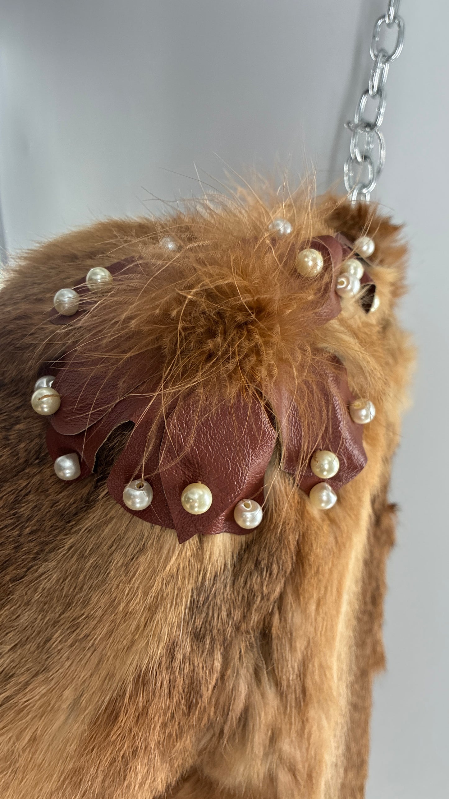 Vintage OPERA Montreal New York Genuine Fur Coat with Pearl Embellished Leather Flower Appliqués (Medium)