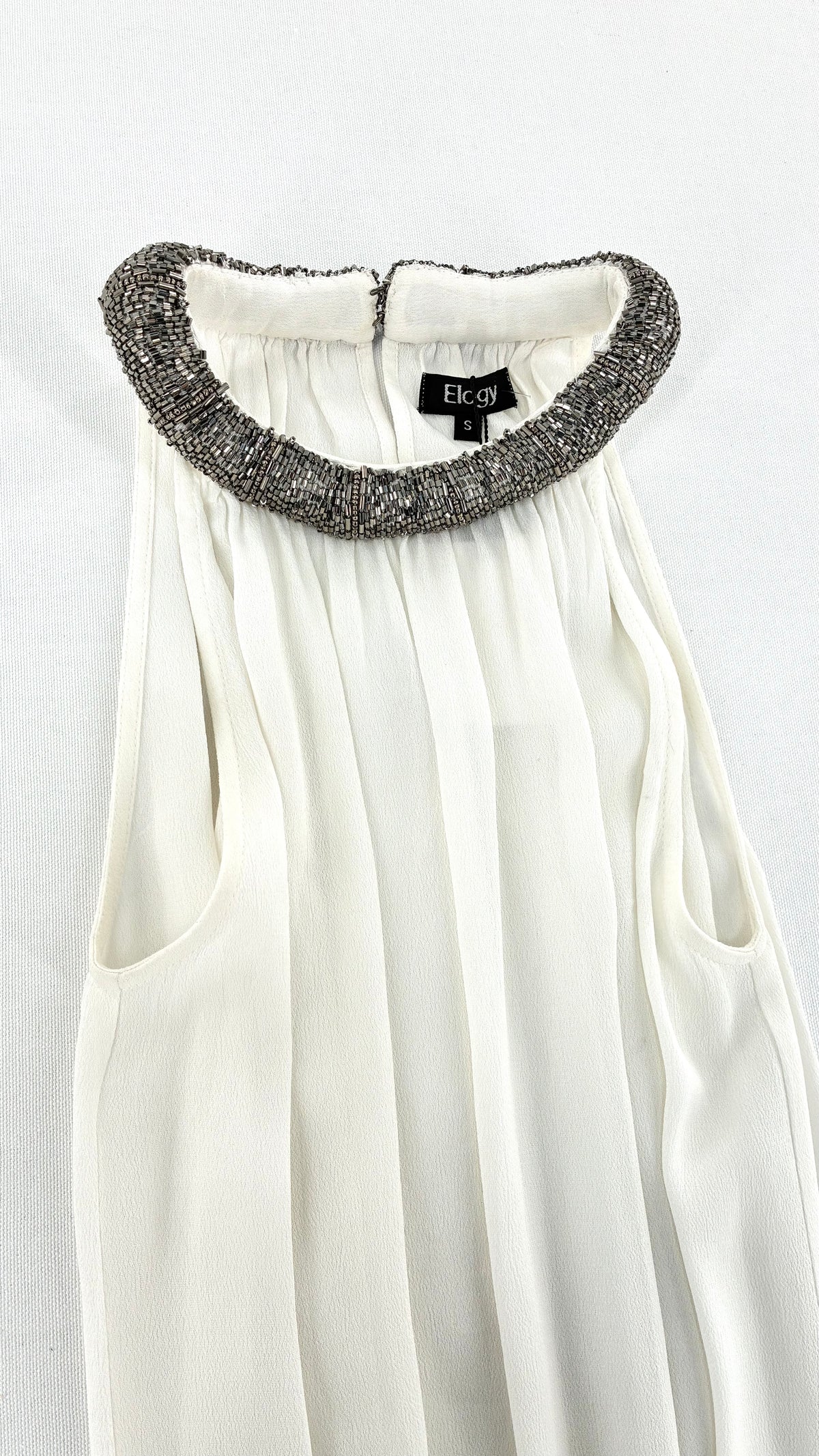 Deadstock Vintage ELOGY High Neck Draping White Top with Gunmetal Beaded Choker Neckline and Tags (Small)