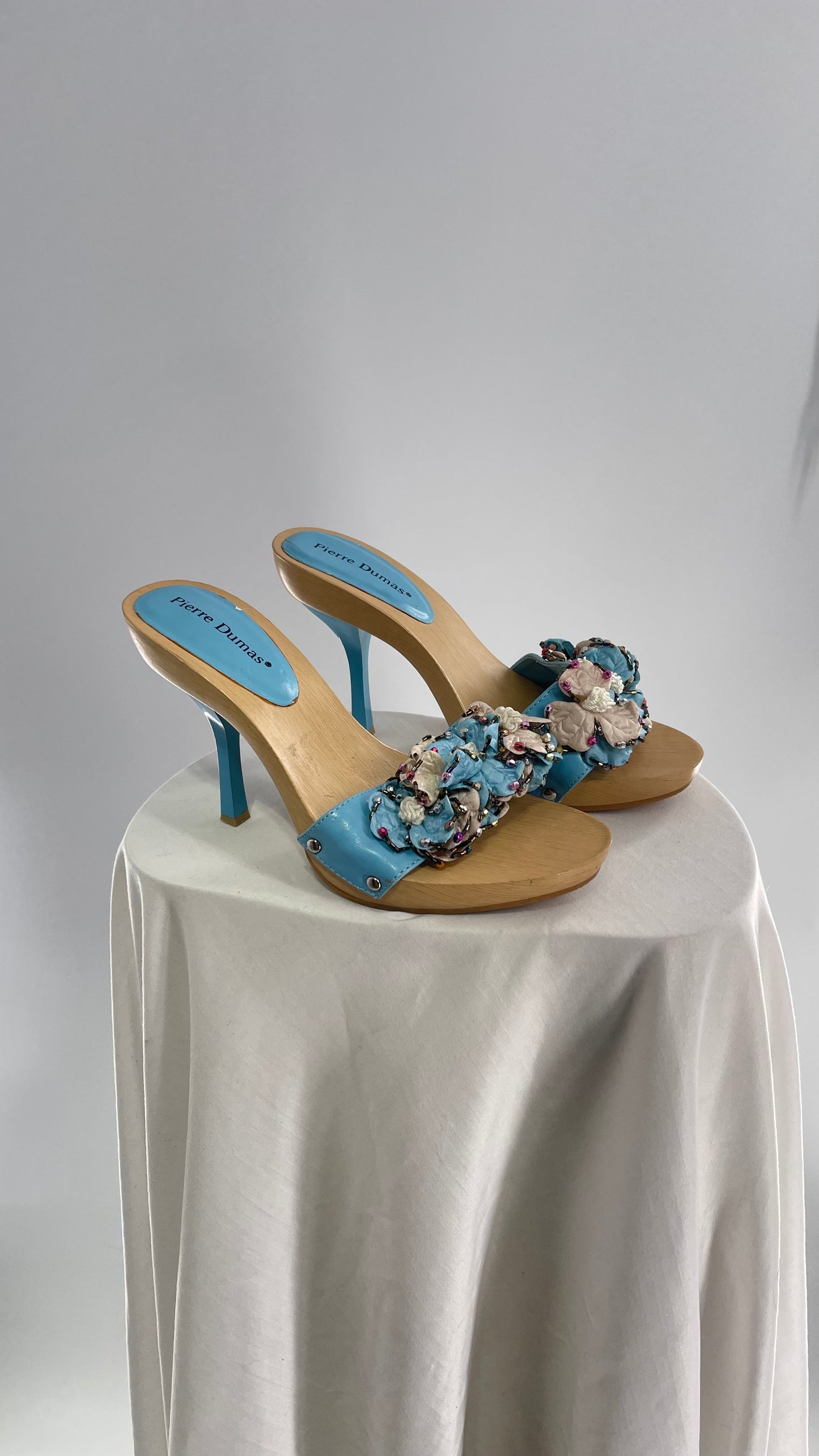 Pierre Dumas Baby Blue Wooden Heel with Beaded Floral Appliqués (9)