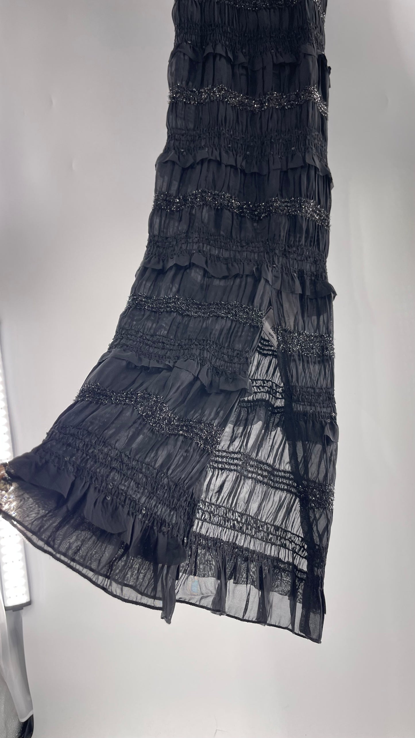 The Commense Black Sheer Crimped Midi Dress with Stripes of Tinsel and Ruffle with Tags Attached (Medium)