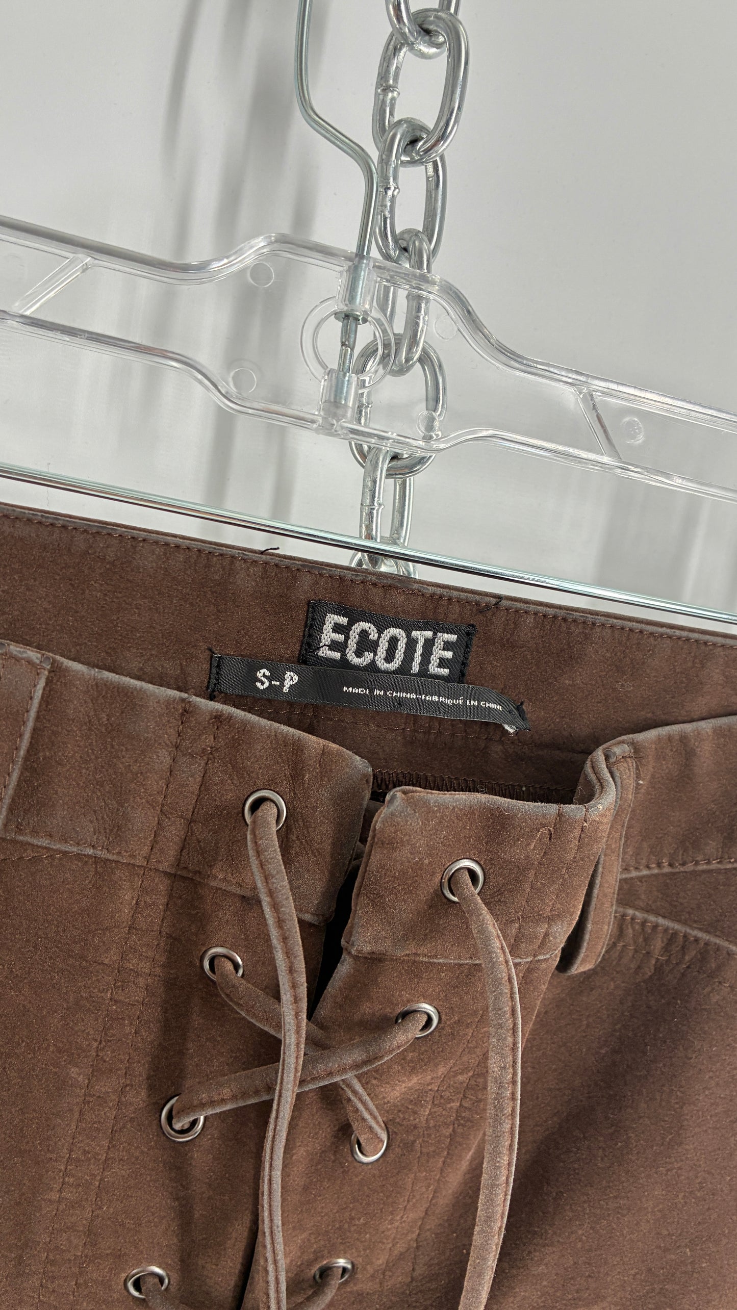 Vintage ECOTE Vegan Leather Velour Brown Lace Up Closure, Low Rise, Boot Leg Pants (Small)
