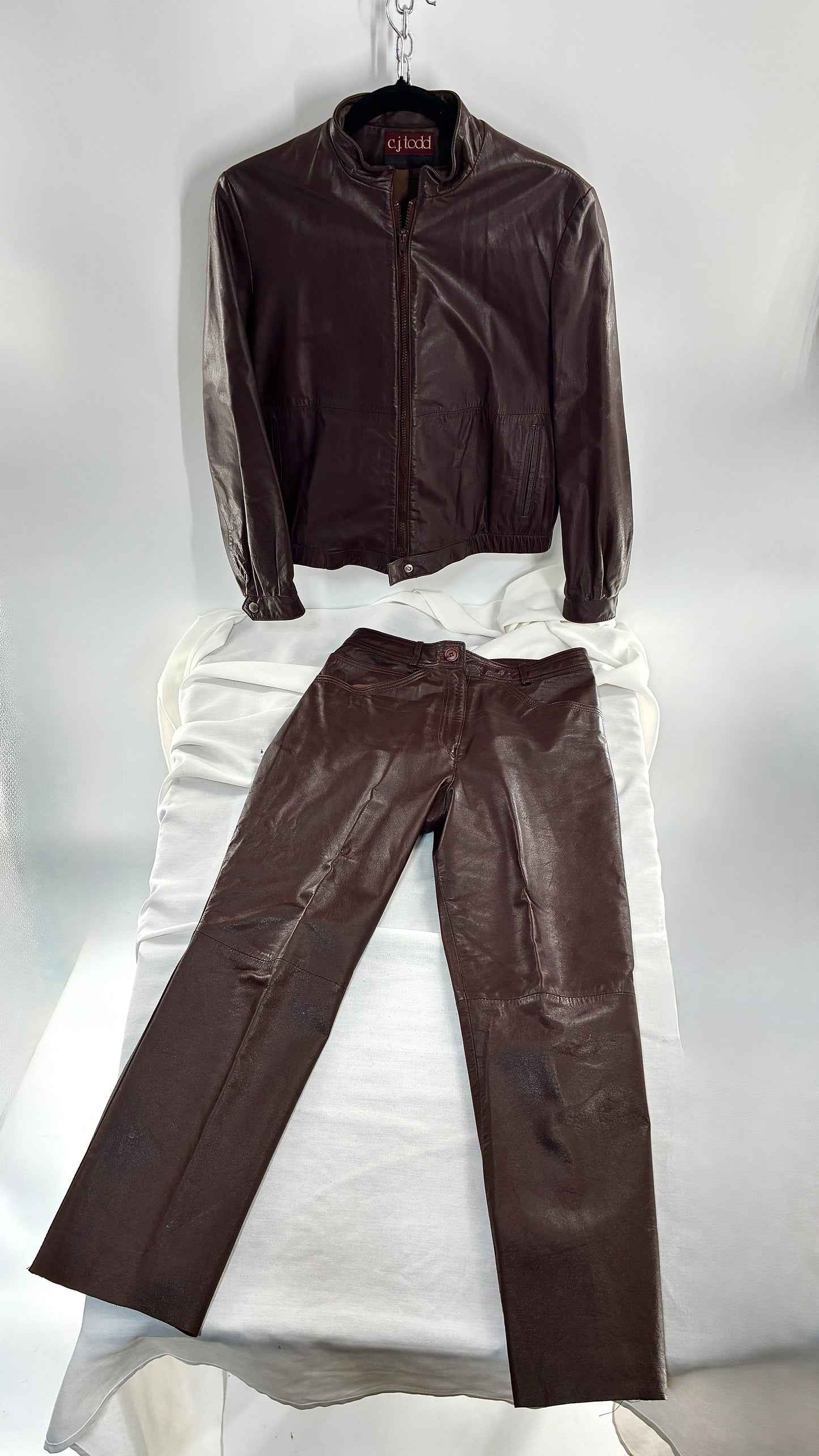 Vintage JORDACHE X CJ TODD Chocolate Brown Genuine Leather Trouser Moto Jacket Set (Small)