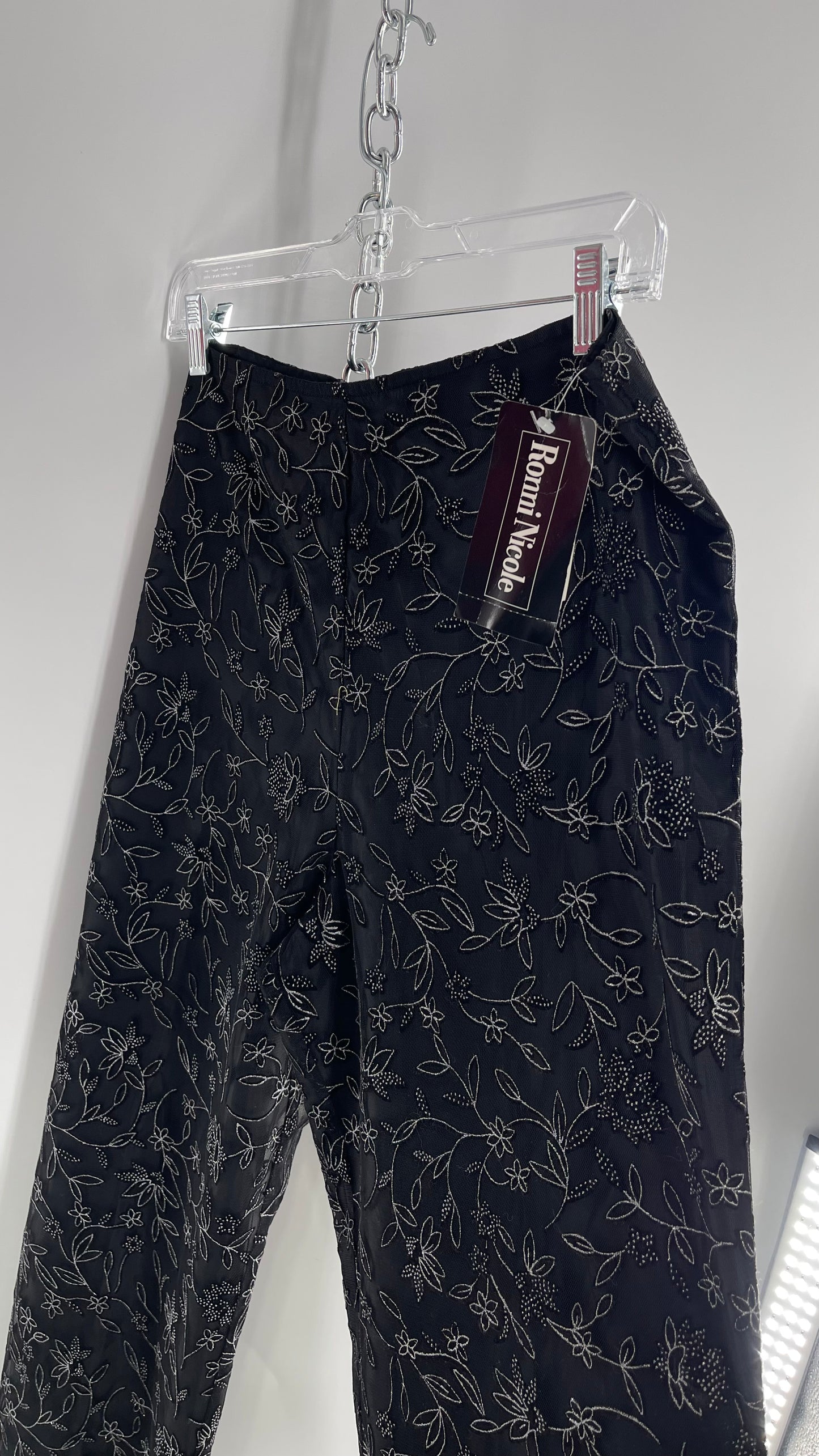 Deadstock Vintage Ronni Nicole 1990 Black Capri with Mesh Silver Floral Details and Tags Attached (XL)