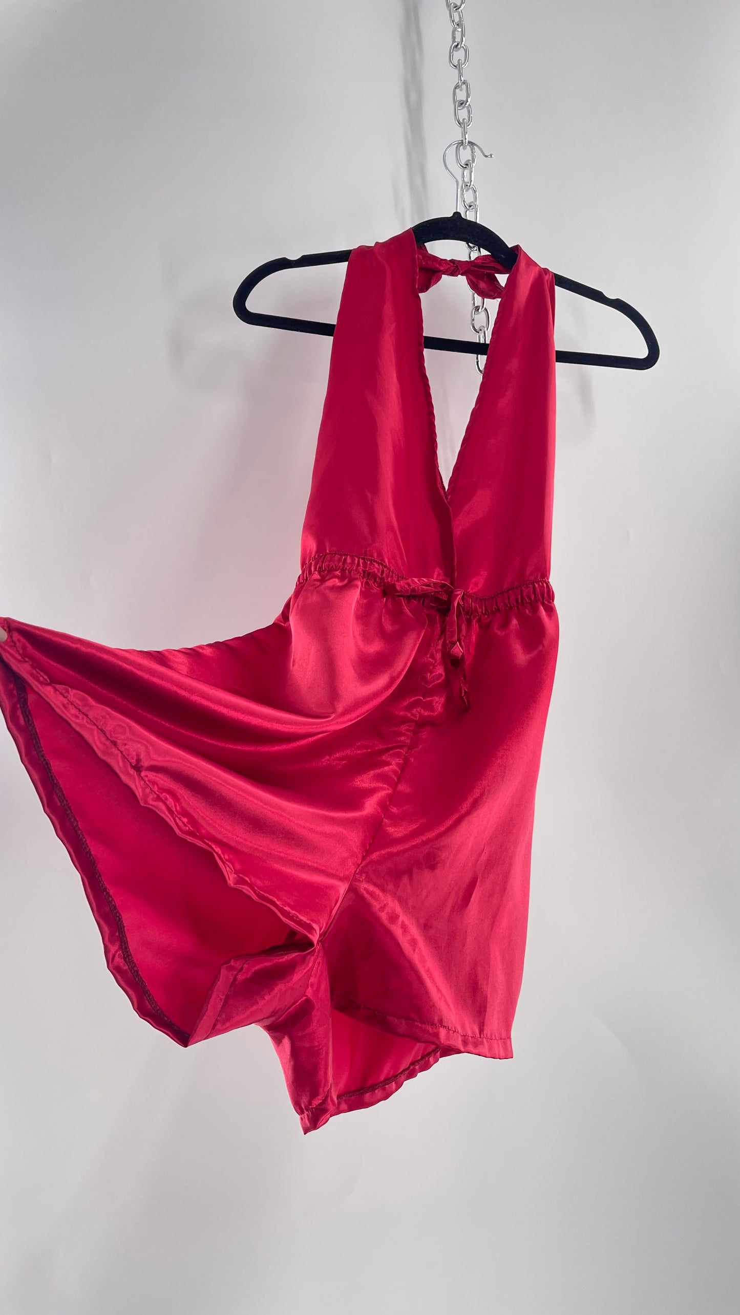 Urban Outfitters Red Satin Renewal Halter Backless Romper with Tags Attached (M)